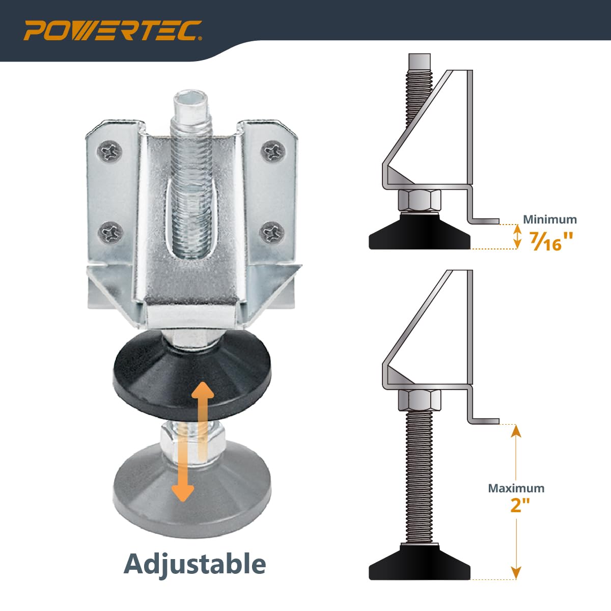 POWERTEC Furniture Leg Levelers 4PK, Adjustable Heavy Duty Leveling Feet with Screws, Lock Nuts and Non-Marring Pads, for Cabinets/Tables/Work Bench/Shelves (71136V)