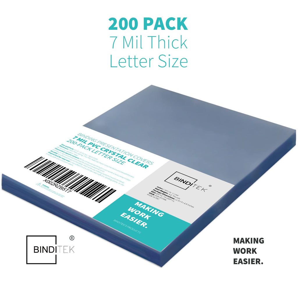 Binditek 200 Pack 7 Mil Clear Presentation Covers for Binding, 8.5 x 11 Inches, Letter Size, Square Corners, Un-Punched, Office Supplies