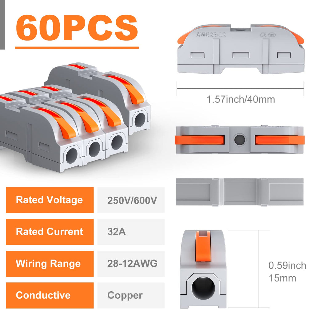 RVBOATPAT 60 PCS Lever Wire Connectors,1 to 1 Inline Electrical Wire Connector,Lever Nuts Wire Connectors 1 Conductor Combination Compact Splicing Connectors 28-12 AWG