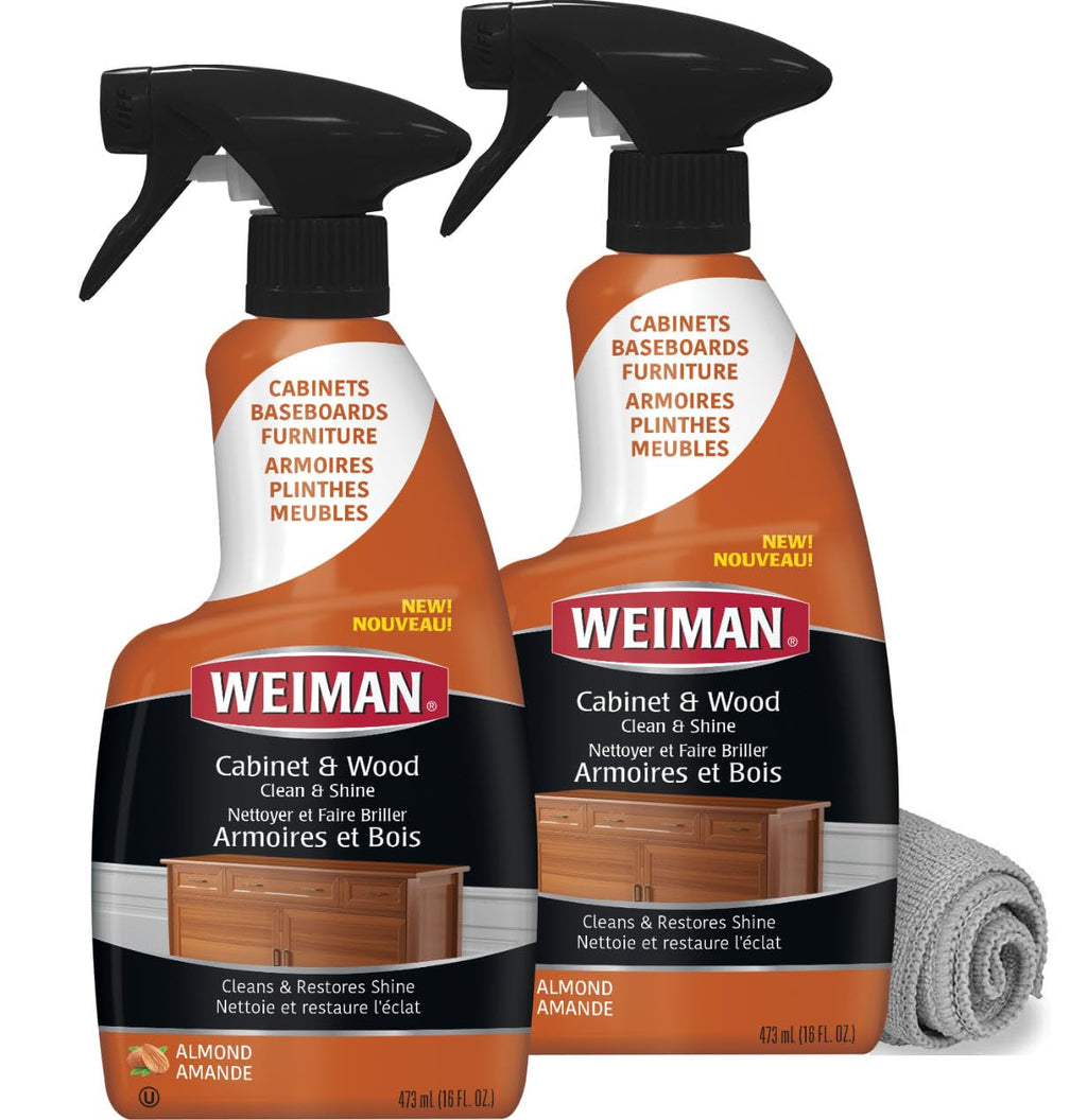 Weiman Cabinet & Wood Clean & Shine Clean and Protect Spray - For Wood Cabinets, Furniture, Tables, Baseboards, Armoires, Trim and more! 16 oz, 2 PACK w/MicroFiber Towel