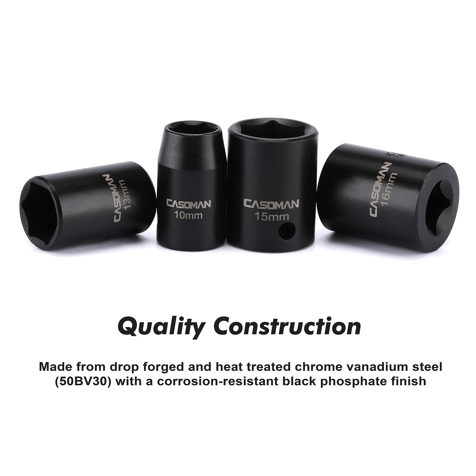 CASOMAN 13 Pieces 3/8-Inch Drive Impact Socket Set, 6-Point, Metric, Shallow, CR-V, 7mm to 19mm, Heavy Duty Blow Molded Storage Case