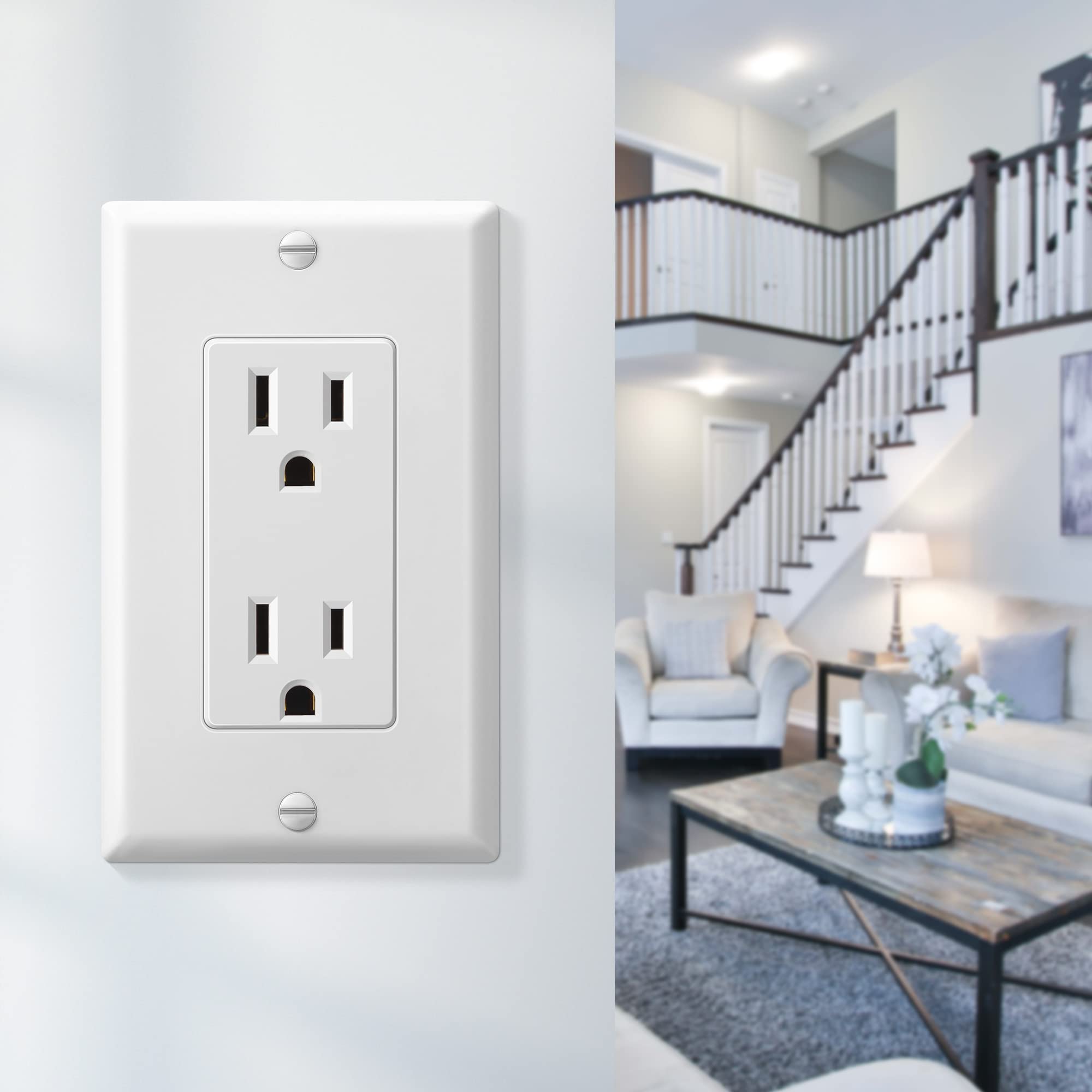 Dewenwils Decorator Receptacle Outlet with Wall Plate, 15 Amp Standard Electrical Wall Outlet, Non-Tamper Resistant, UL Listed, White (10 Pack)