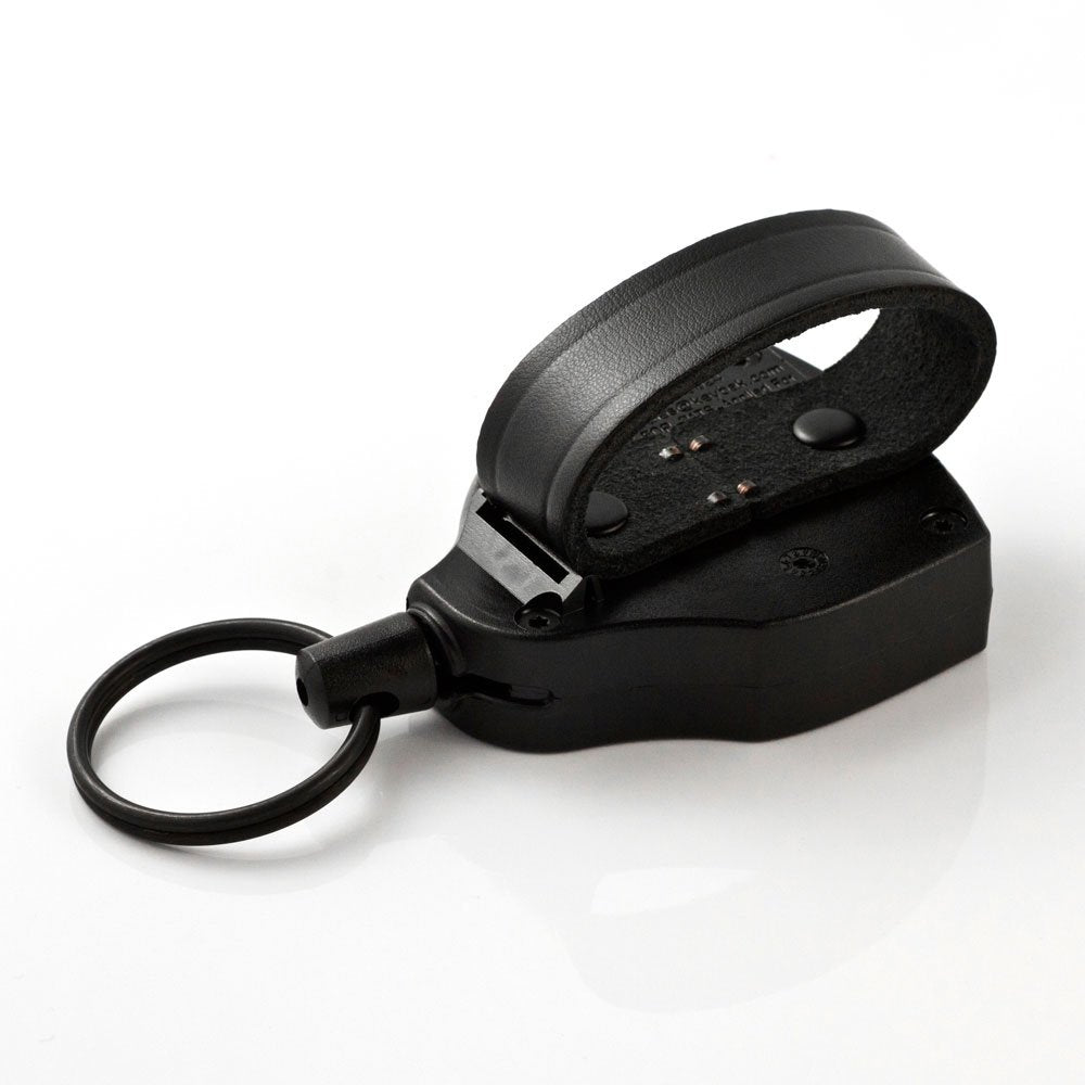Key-BAK SUPER48 HD 8oz. Locking Retractable Keychain, 48" Retractable Cord, Black Polycarbonate Case, Leather Duty Belt Loop, Oversized Split Ring - Made in USA