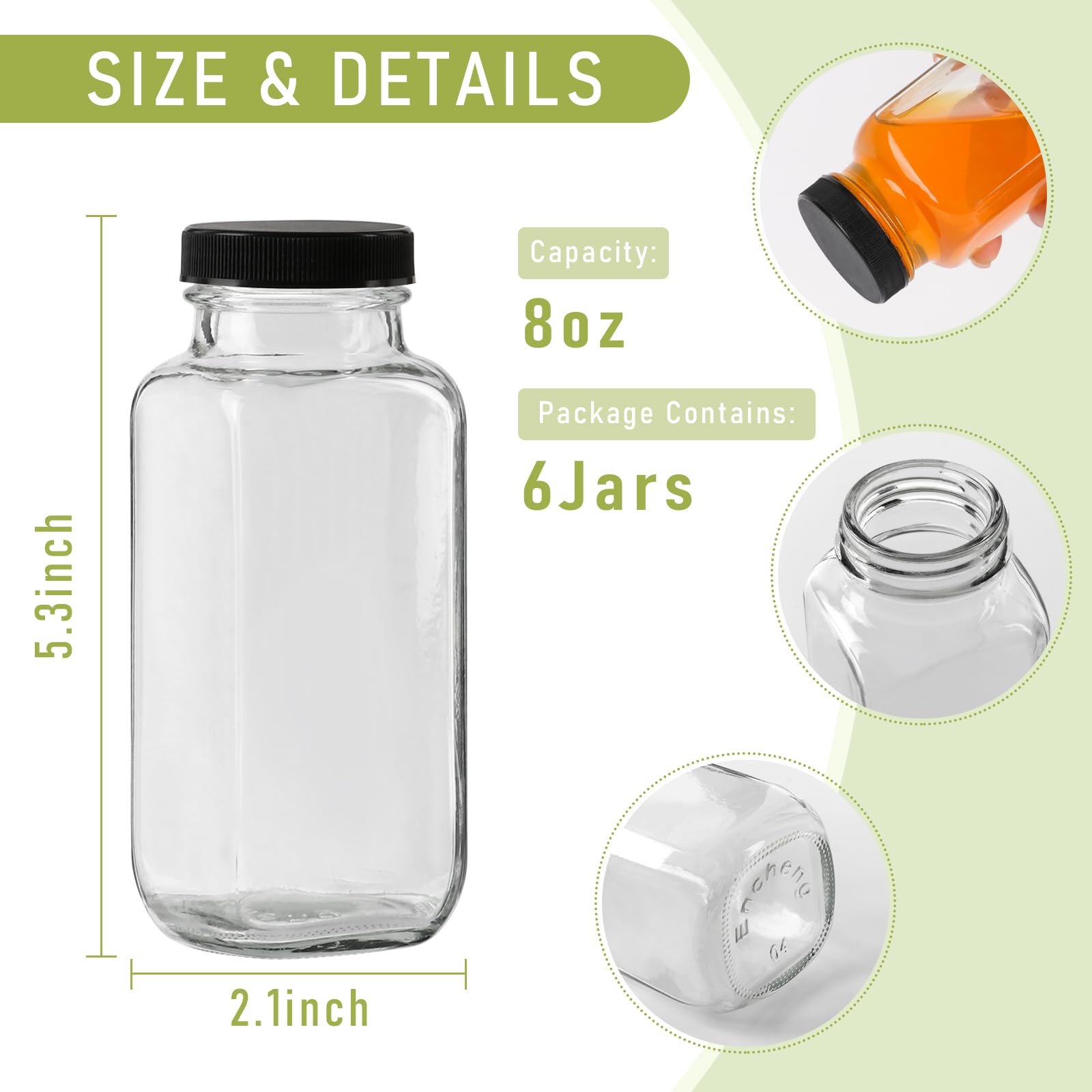 8 oz Glass Juice Bottles with Lids 6 Pack,Reusable Water Bottle,Juicing Bottles for Smoothies, Milk, Storage, Small and portable