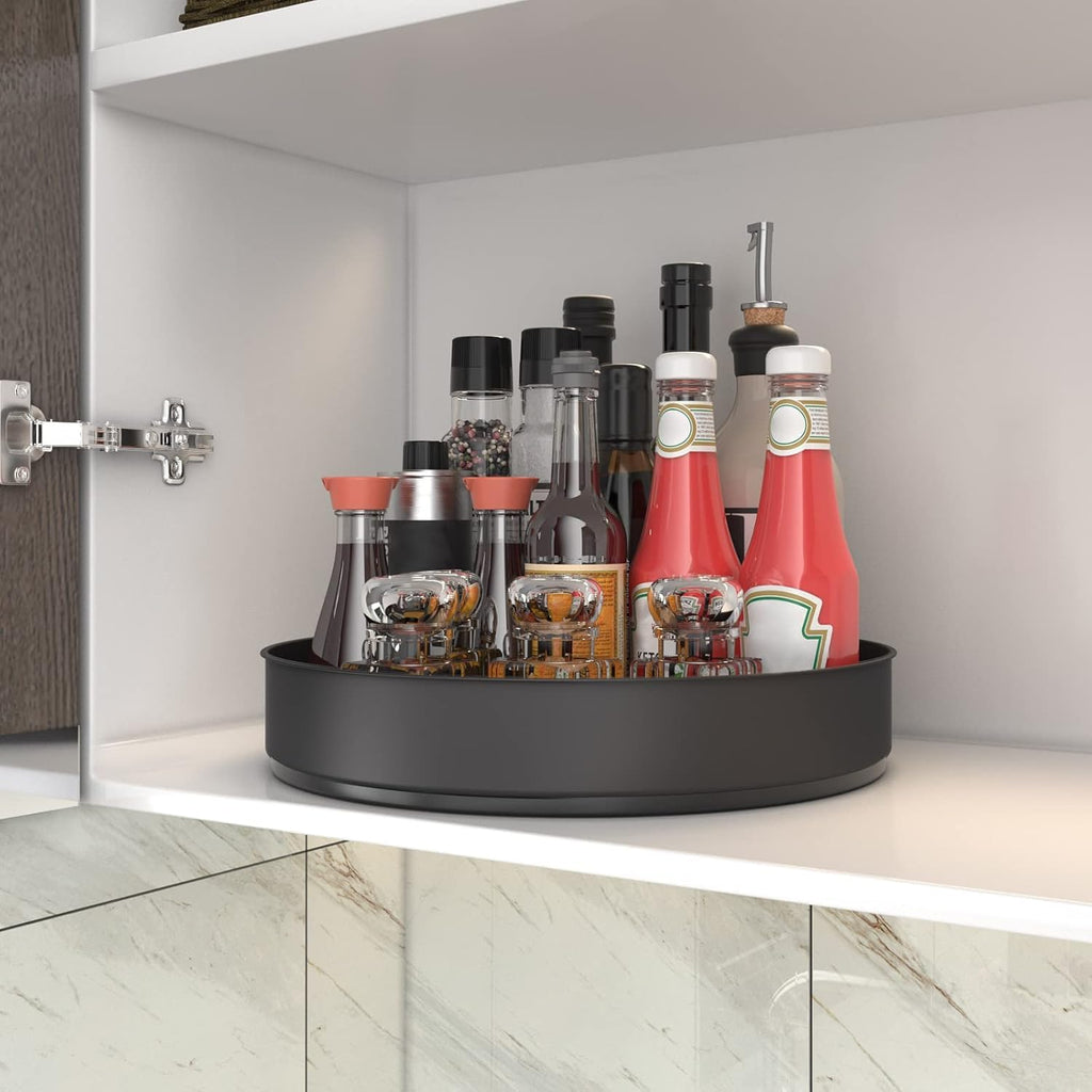 Lazy Susan Stainless Steel Black Spice Rack Turntable for Pantry Cabinet - Decorative Trays Storage Containers Organizer for Kitchen Cabinet, Snacks, Bathroom (9.8 inches)