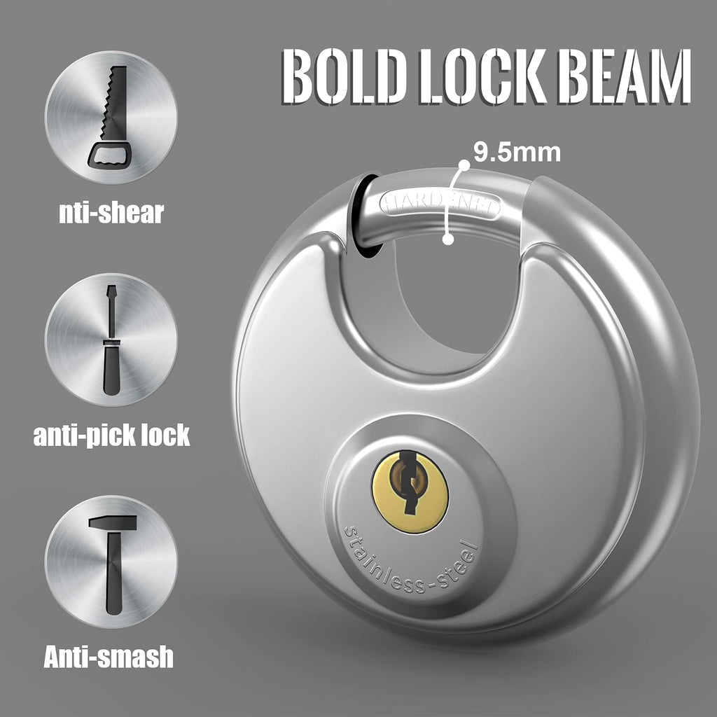 Keyed Padlock, [2 Pack][Waterproof] [Anticut] Diyife 70mm Stainless Steel Disc Lock Heavy Duty Padlock Outdoor Weatherproof with 9.5mm Shackle for Warehouse, Garage, Gate, Shed, Fence, Door (4 Keys)