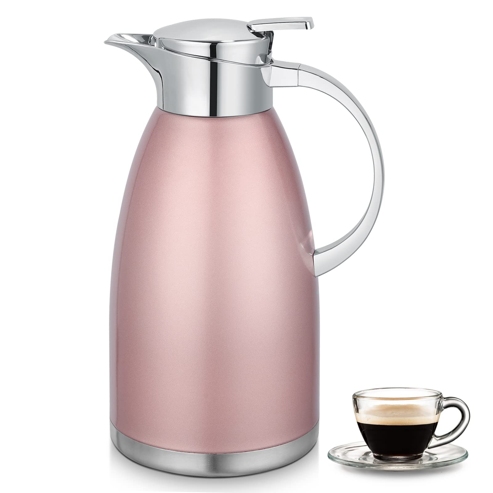 Asiulalt 2.3L/ 78oz Stainless Steel Thermal Carafe, Coffee Carafe Jugs with Lid, Double Walled Vacuum Insulated Coffee Pot with Press Button Top for Coffee/Juice/Milk/Tea etc (Pink)