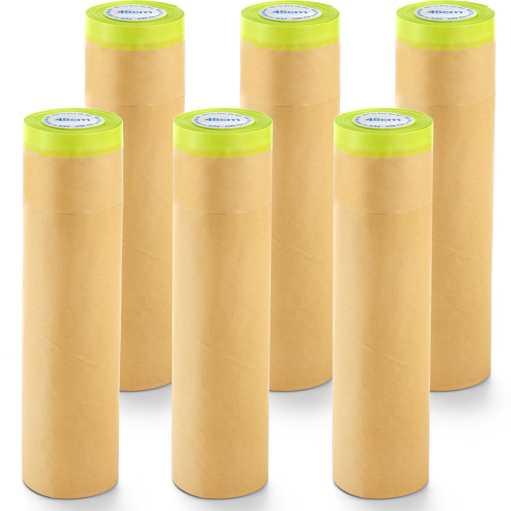 Jucoan 6 Rolls Pre-Taped Masking Paper for Painting, 18 Inch x 30 Ft Tape and Drape Painter Paper for Painting Auto Cars, Wall Frame Covering, Floor Protection