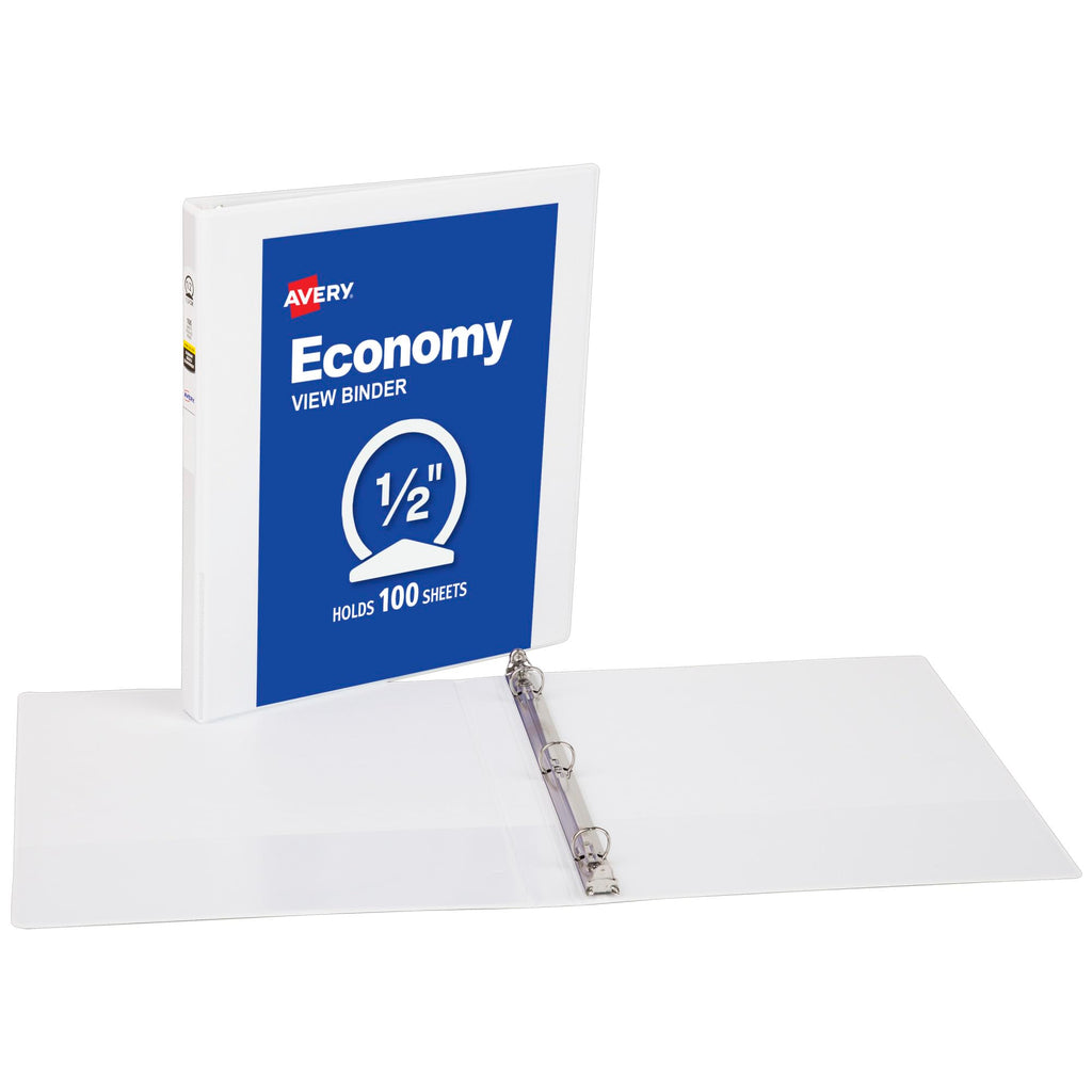 Avery Economy View 3 Ring Binders, 0.5" Round Rings, 100 Sheet Capacity, 0.7" Wide Spine, White Binders, Ideal for Lightweight Organization and Occasional Referencing (4-Pack of 05750)