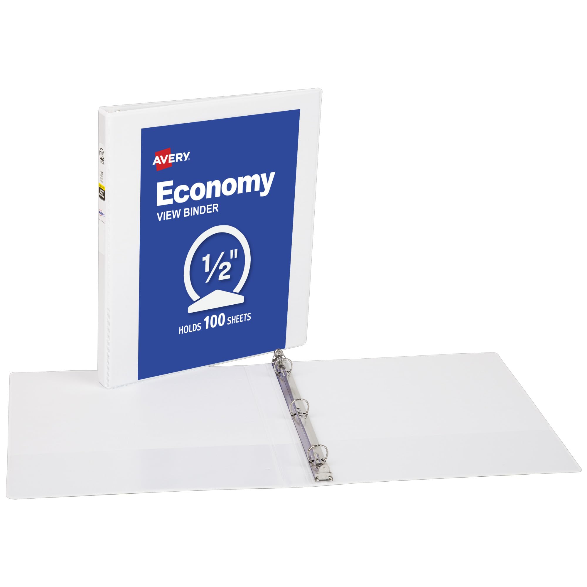 Avery Economy View 3 Ring Binders, 0.5" Round Rings, 100 Sheet Capacity, 0.7" Wide Spine, White Binders, Ideal for Lightweight Organization and Occasional Referencing (4-Pack of 05750)