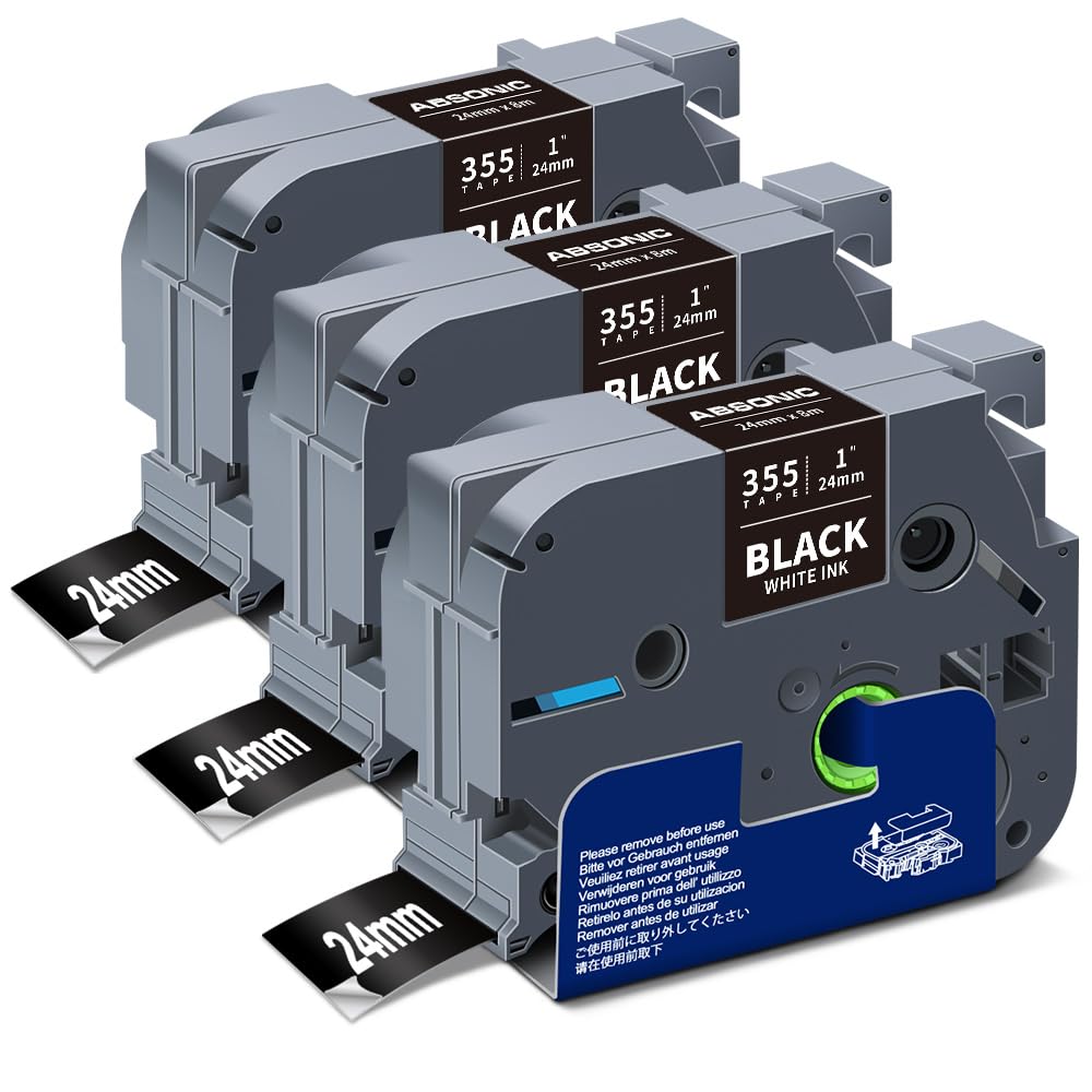 Absonic 3-Pack 24mm White on Black Label Tape Compatible for Brother Tze-355 Tz355 Tze355 Tz-355 PTouch Tze Tz Label Tape 24mm Laminated Black 1 Inch for PT-D600 PT-P700 PT-P710BT PT-P950NW PT-E500