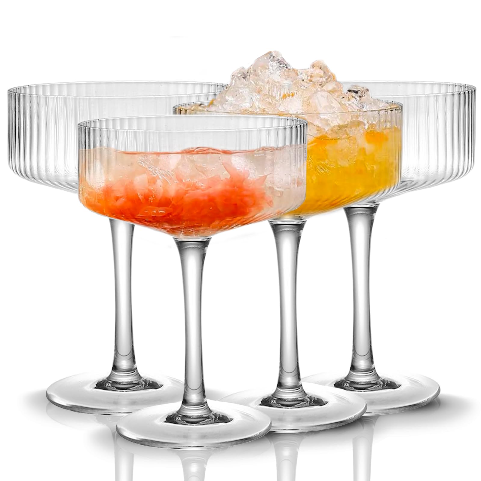 Qipecedm 4 Pcs Ribbed Coupe Glasses, 10 oz Vintage Cocktail Glassware Set, Unique Martini Glass, Classic Bar Drinking Glasses Perfect for Wine, Champagne & Gift