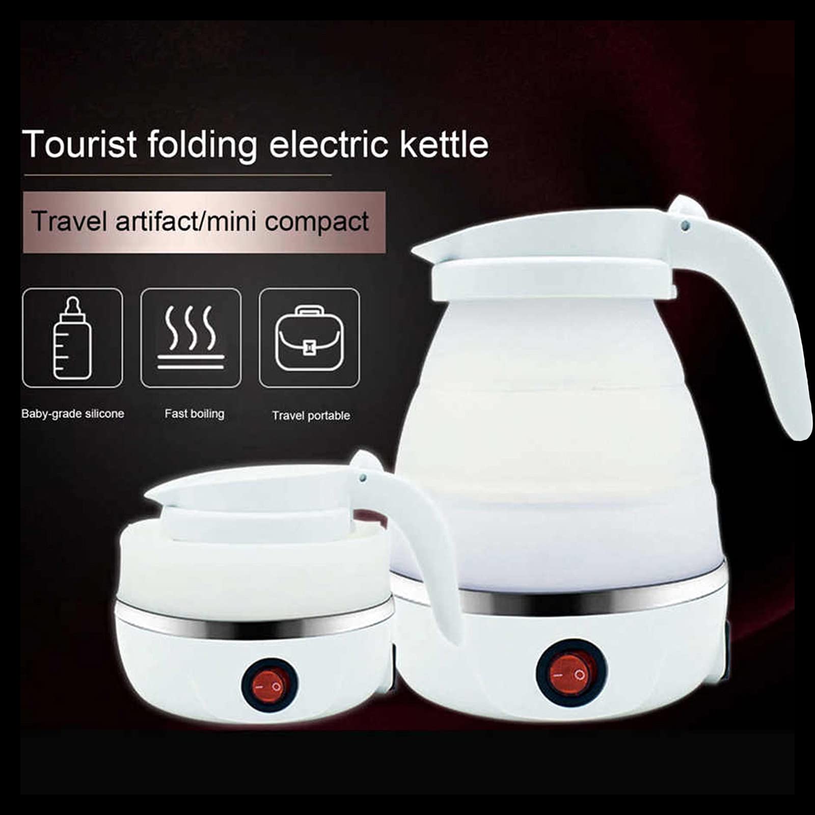 VICBINLY Electric Portable Kettle, Travel Kettle, Small Tea Kettle, Travel Foldable Kettles with Silicone Electric Insulation Heating Boiler Mini Tea Pot 600ml, White TKWT01
