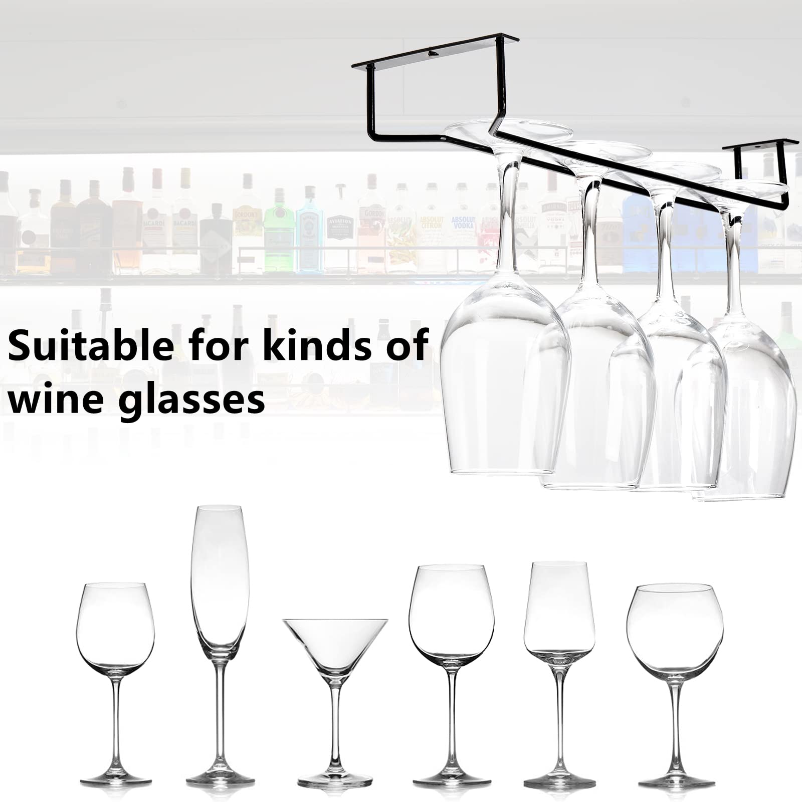 Dicunoy 6 Pack Wine Glass Rack, 14 Inch Black Under Cabinet Wine Glass Holder, Stemware Rack Holder, Iron Glasses Under Shelf Storage Hanger, Glasses Hanging Rack, Stemware Holder for Shelf, Bar