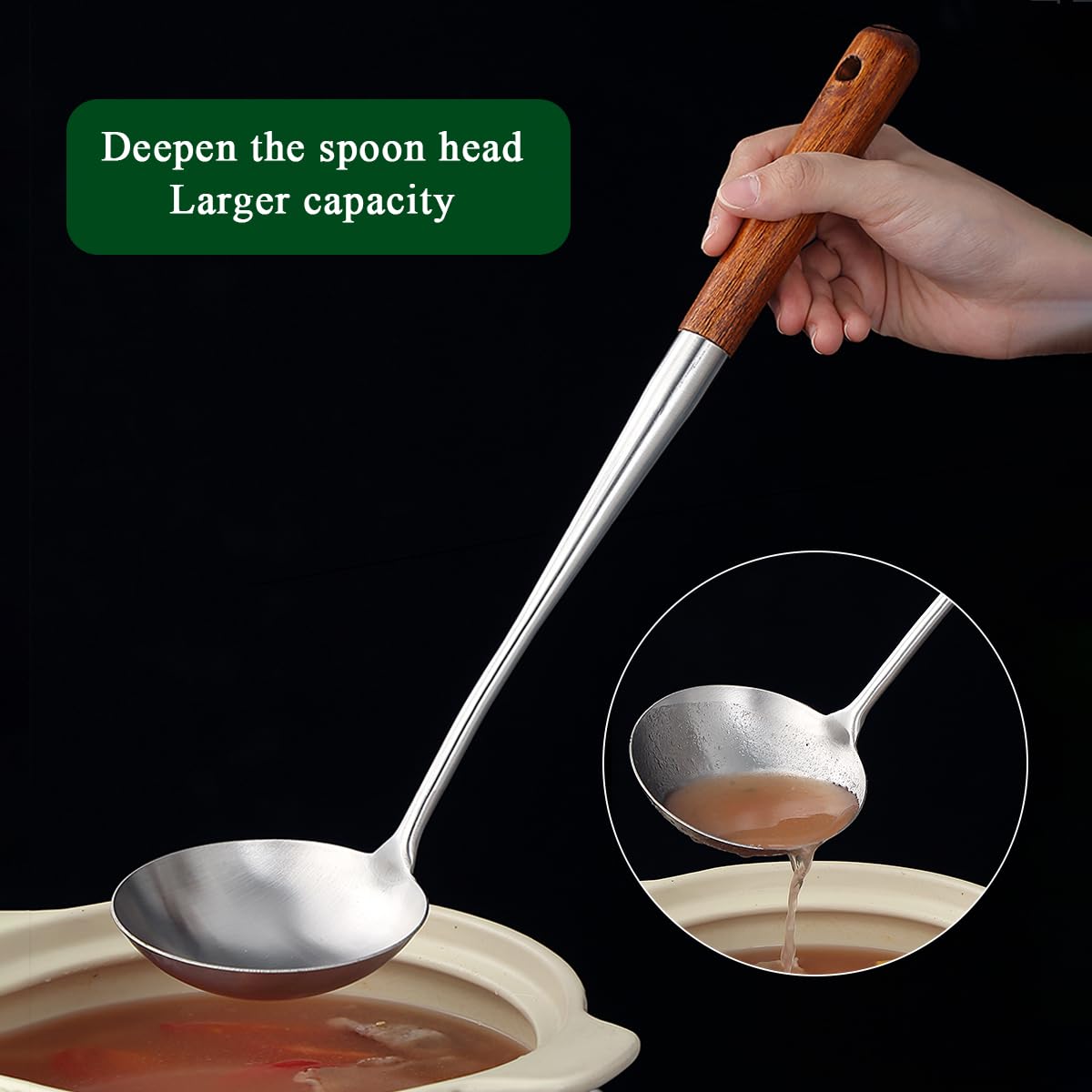 Evanda Wok Spatula Set 43cm, Heat Resistant Wood Handle Stainless Steel Wok Tools, Ladle, Metal Spatula, Kitchen Skimmer, Professional Kitchen Cooking Utensils Set, Wok Accessories Dishwasher Safe