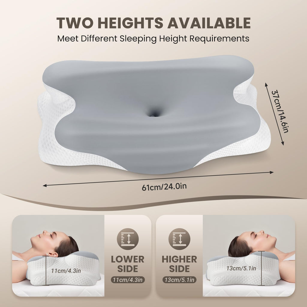 JINXIA Cervical Neck Pillows for Neck and Shoulder Pain Relief, Contour Memory Foam Pillow with Cooling Silk Case, Sleeping Cooling Neck Support Pillow, Back & Stomach Sleepers, White & Gray