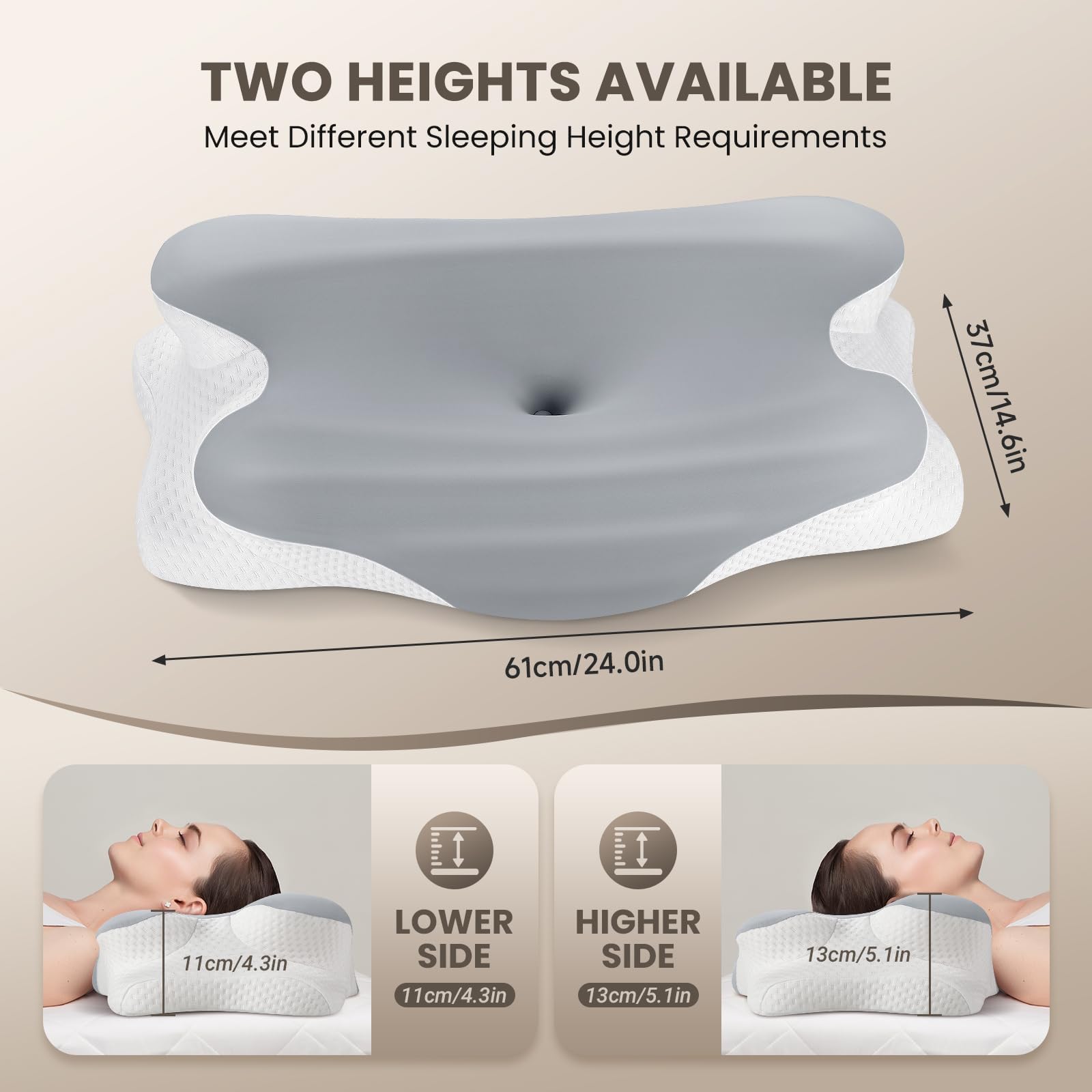 JINXIA Cervical Neck Pillows for Neck and Shoulder Pain Relief, Contour Memory Foam Pillow with Cooling Silk Case, Sleeping Cooling Neck Support Pillow, Back & Stomach Sleepers, White & Gray
