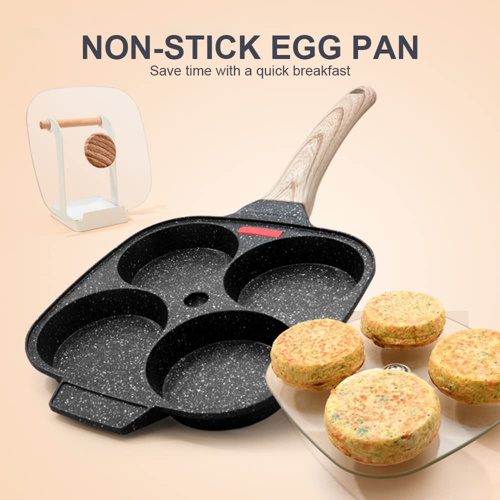 Bobikuke Egg Frying Pan, Pancake Pan with Lid Nonstick 4 Cups Fried Egg Pan Aluminium Alloy Cooker for Breakfast, Gas Stove & Induction Compatible Black