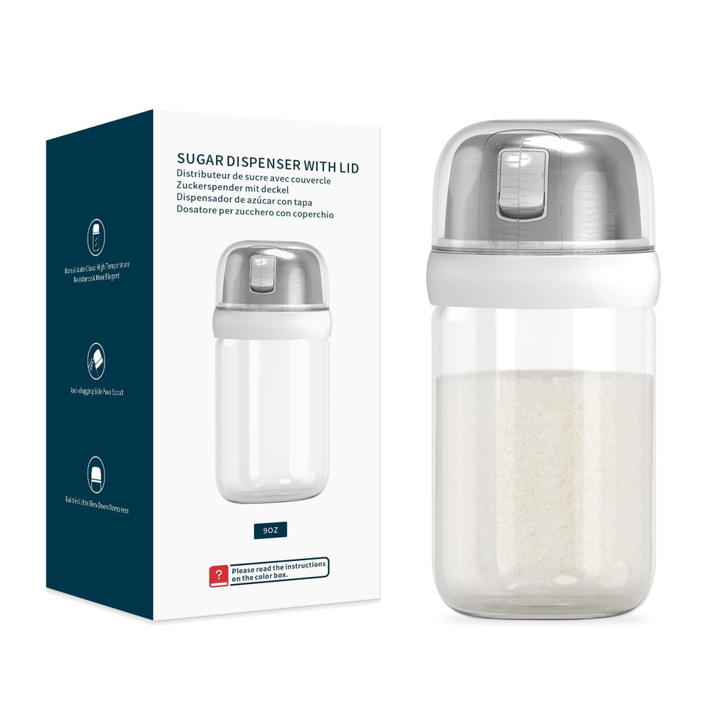 KITCHENDAO Glass Sugar Dispenser with Side Pour Spout,Built-in Lid to Slow Down Dampness with Mearsuring Marks, Elegant Borosilicate Glass Sugar Shaker,BPA Free,9oz (White)