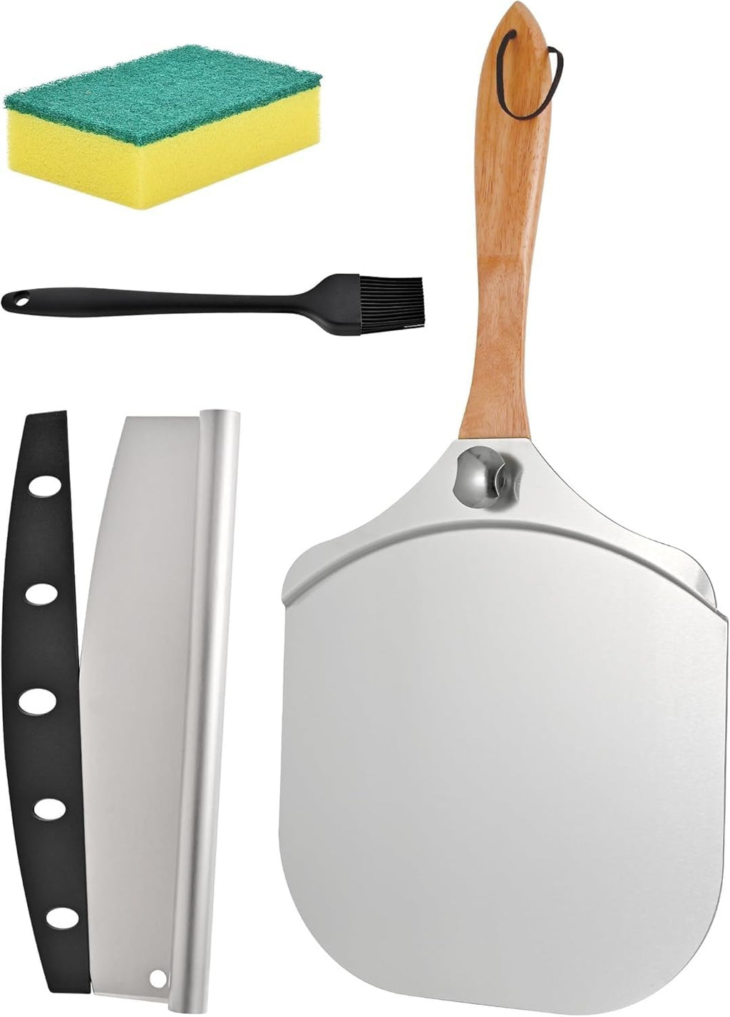 Professional Aluminum Pizza Peel, 30.5 x 35.5 cm Metal Paddle with Foldable Wood Handle and Rocker Cutter for Baking Homemade Pizza and Bread