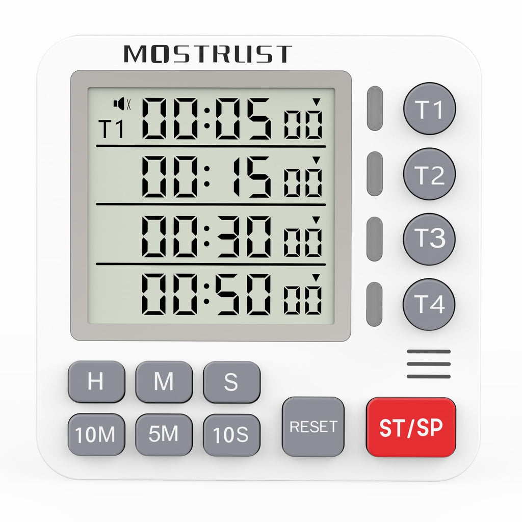 MOSTRUST Digital Dual Kitchen Timer, 4 Channels Independent Countdown Timer, Large Display, On/Off, Loud Volume Alarm and Flashing Light with Magnetic Back, Stand, Battery Included (White)