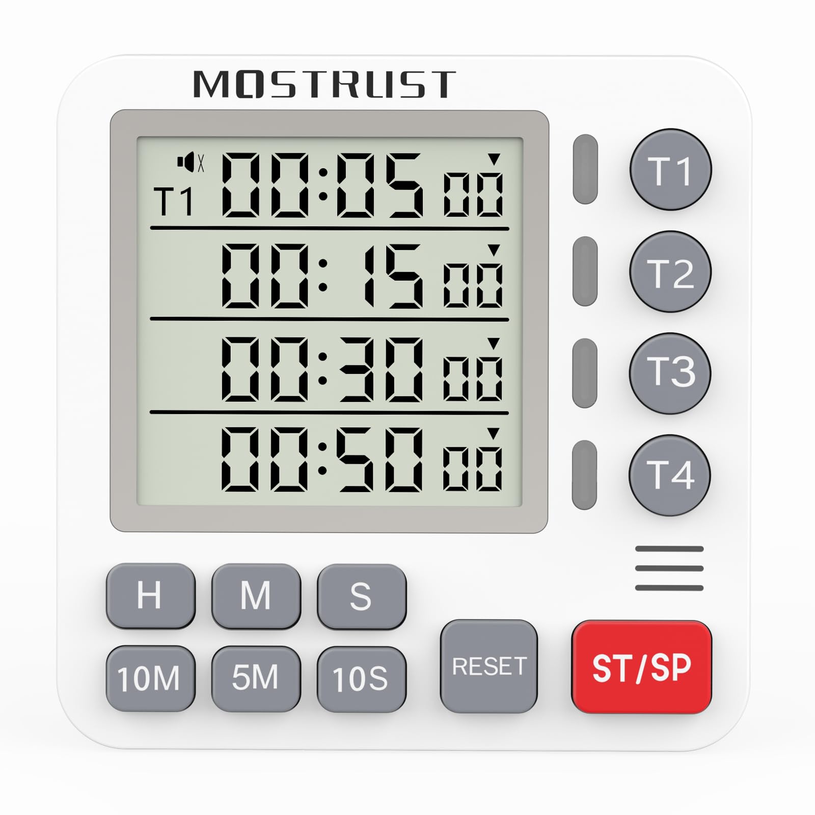 MOSTRUST Digital Dual Kitchen Timer, 4 Channels Independent Countdown Timer, Large Display, On/Off, Loud Volume Alarm and Flashing Light with Magnetic Back, Stand, Battery Included (White)