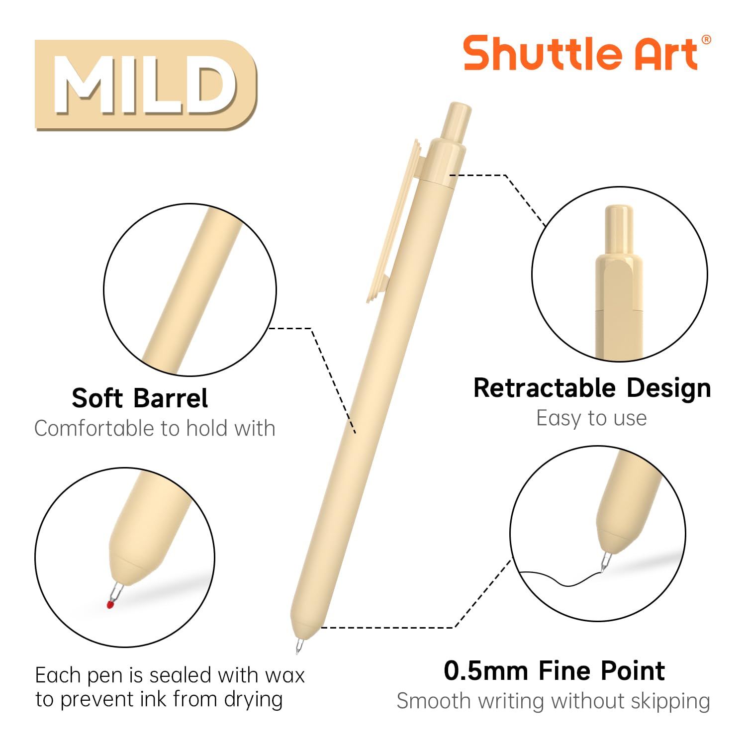Shuttle Art Retractable Mild Gel Ink Pens, 22 Pack Black Ink Pens, Cute Pens 0.5mm Fine Point Soft Barrel for Writing Journaling Taking Notes School Office Home