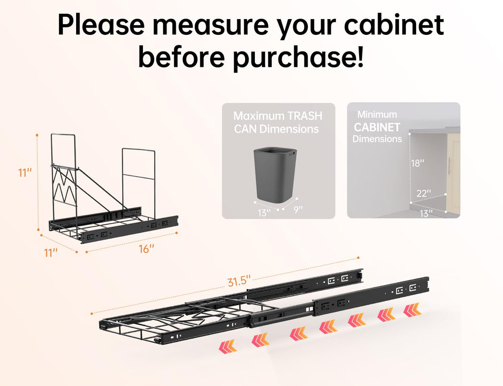 Cabinet Trash Can Pull Out Kit with Removable Garbage Bag Holder Under Sink Trash Can Pull Out Slider for 28–44 Quart Cans Up to 125 lb (Can Not Included) (Black)