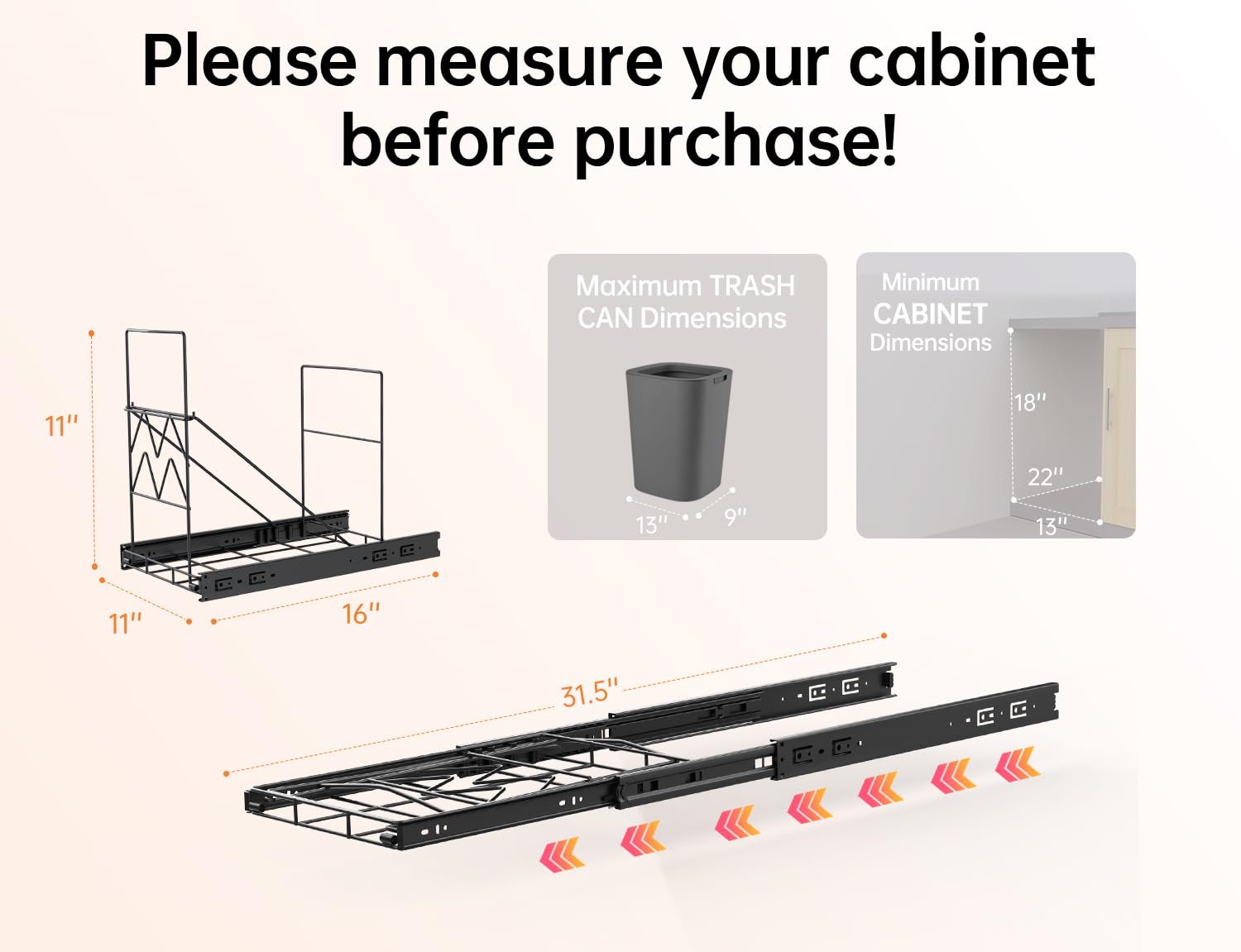 Cabinet Trash Can Pull Out Kit with Removable Garbage Bag Holder Under Sink Trash Can Pull Out Slider for 28–44 Quart Cans Up to 125 lb (Can Not Included) (Black)
