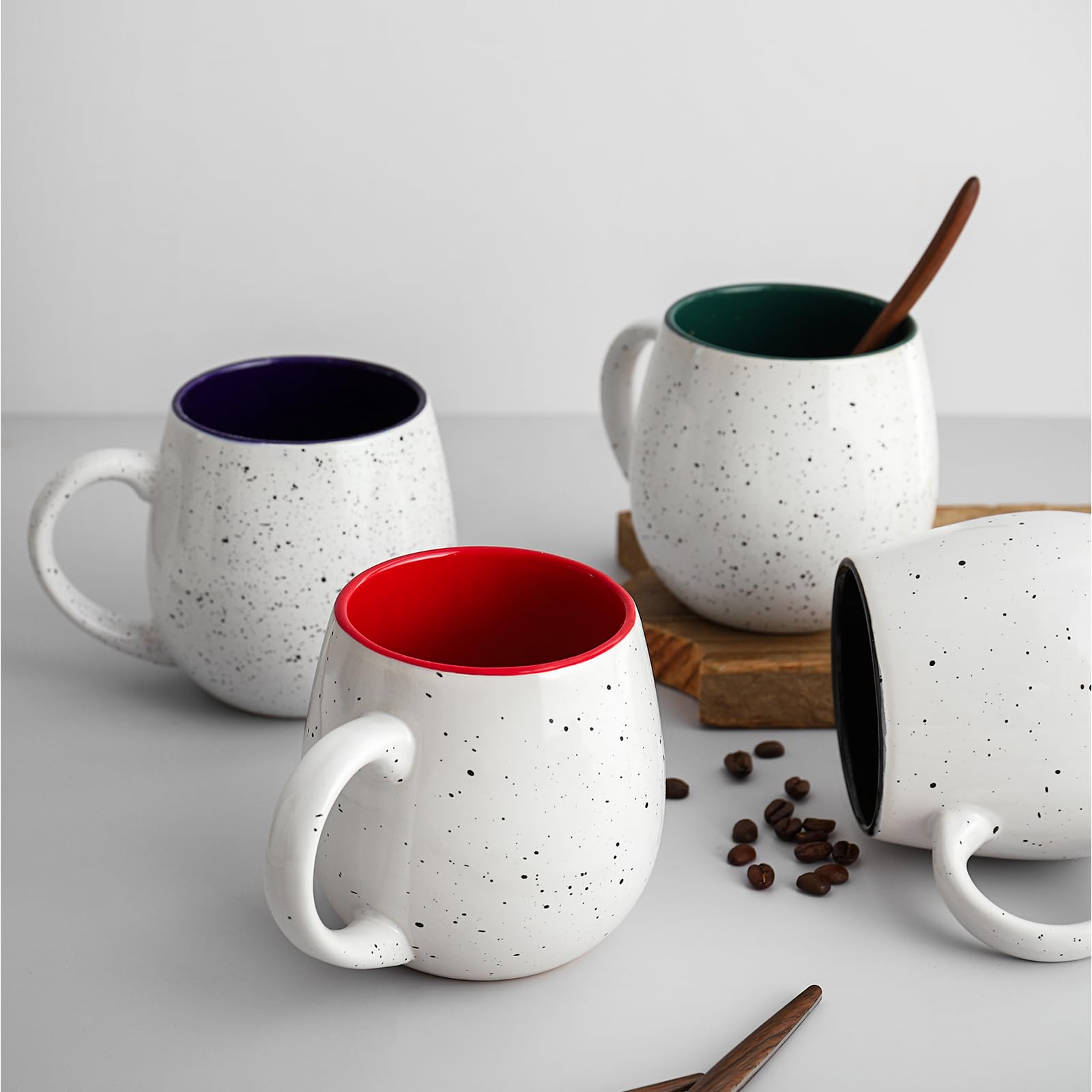 LIFVER 20 Ounces Coffee Mugs Set of 4, Large Coffee Mugs with Color on Inside, Speckled Big White Mugs with Large Handles for Coffee, Tea, Hot Cocoa, Christmas Gifts for Women Men Jumbo Soup Mugs Microwavable