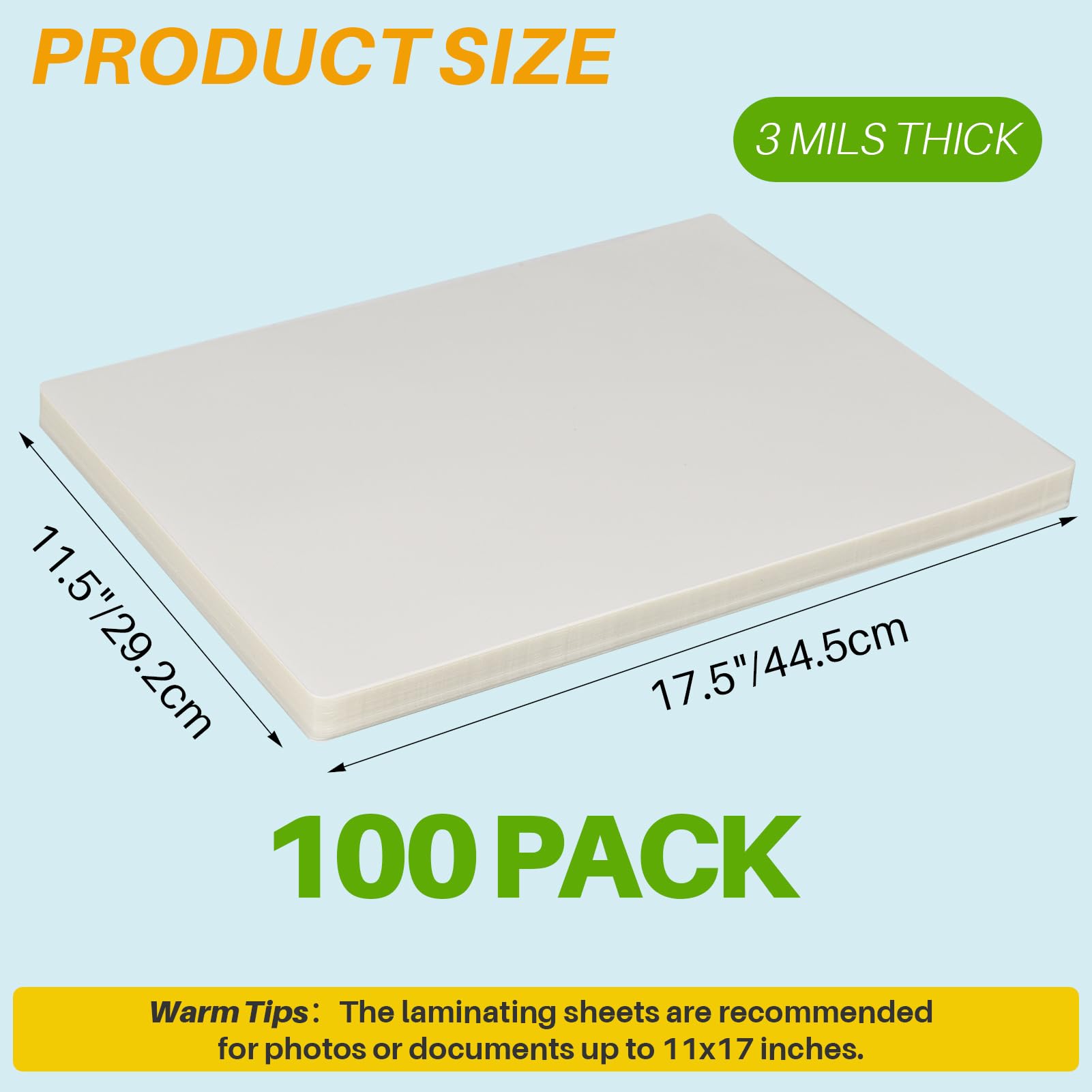 Calenzana 100 Pack Laminating Sheets 11.5x17.5 Inch, 3 Mil Clear Thermal Laminating Pouches Hold 11x17 inch Sheets, Lamination Sheet Paper for Business Card Photo and Sticker