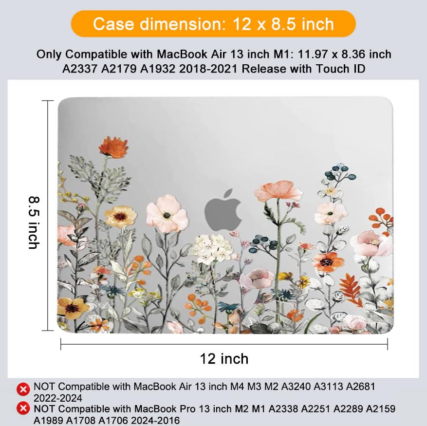 MOSISO Compatible with MacBook Air 13 inch Case 2022 2021 2020 2019 2018 A2337 M1 A2179 A1932 Retina Display Touch ID,Plastic Garden Flowers Hard Shell Case&Keyboard Cover&Screen Protector,Transparent