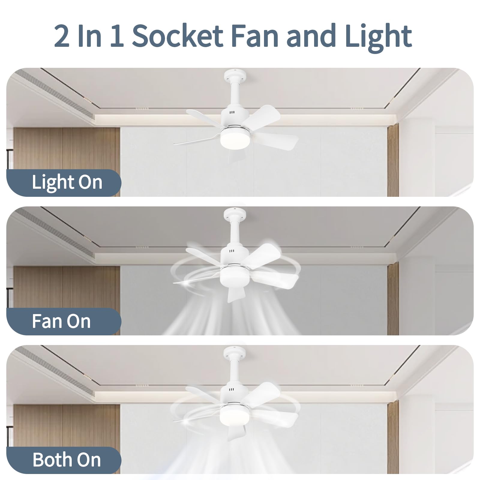 LANMEL Socket Fan Light with Remote Control,17.7-Inch Small Ceiling Fan with Light,3-Color Dimmable with E26/27 Base and Socket Extender,Bedroom/Living Room/Kitchen/Garage,White
