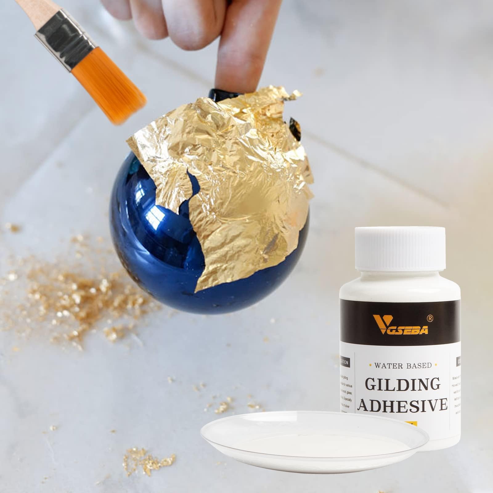 Gold Leaf Gilding Adhesive Set, 100ml Epoxy Resin Water Based Metal Leaf Glue and 100ml Varnish for Crafts, Arts, Wood, Glass (Come with 2 Brushes+2 Gloves)
