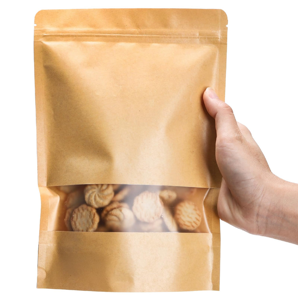Kingrol 100 Count 7 x 10.25 Inch Kraft Paper Bags with Resealable Lock Seal Zipper &Transparent Window, Stand Up Food Bags