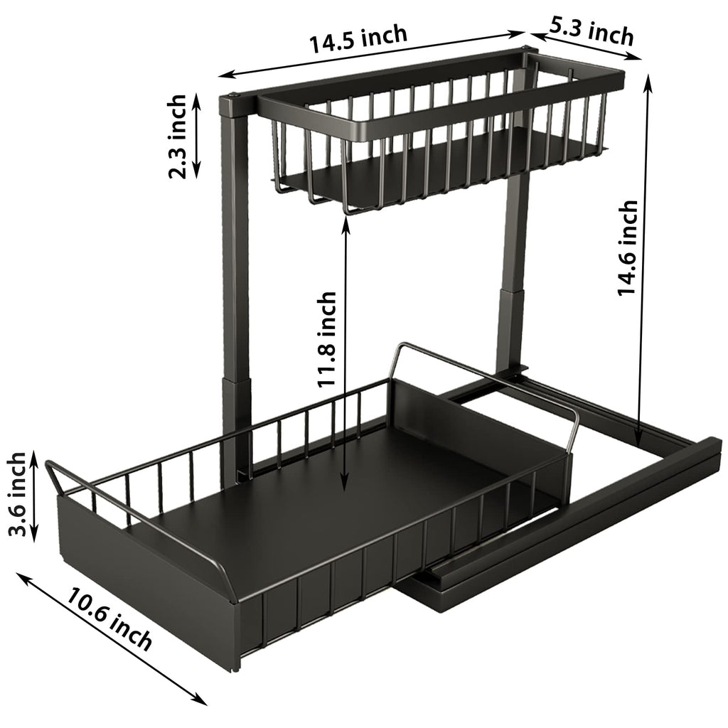 ADRIMER Under Sink Organizer, Pull Out Kitchen Sink Organizer, 2 Tier Slide Out Kitchen Organizers and Storage Metal Under Cabinet Storage Shelf, Black