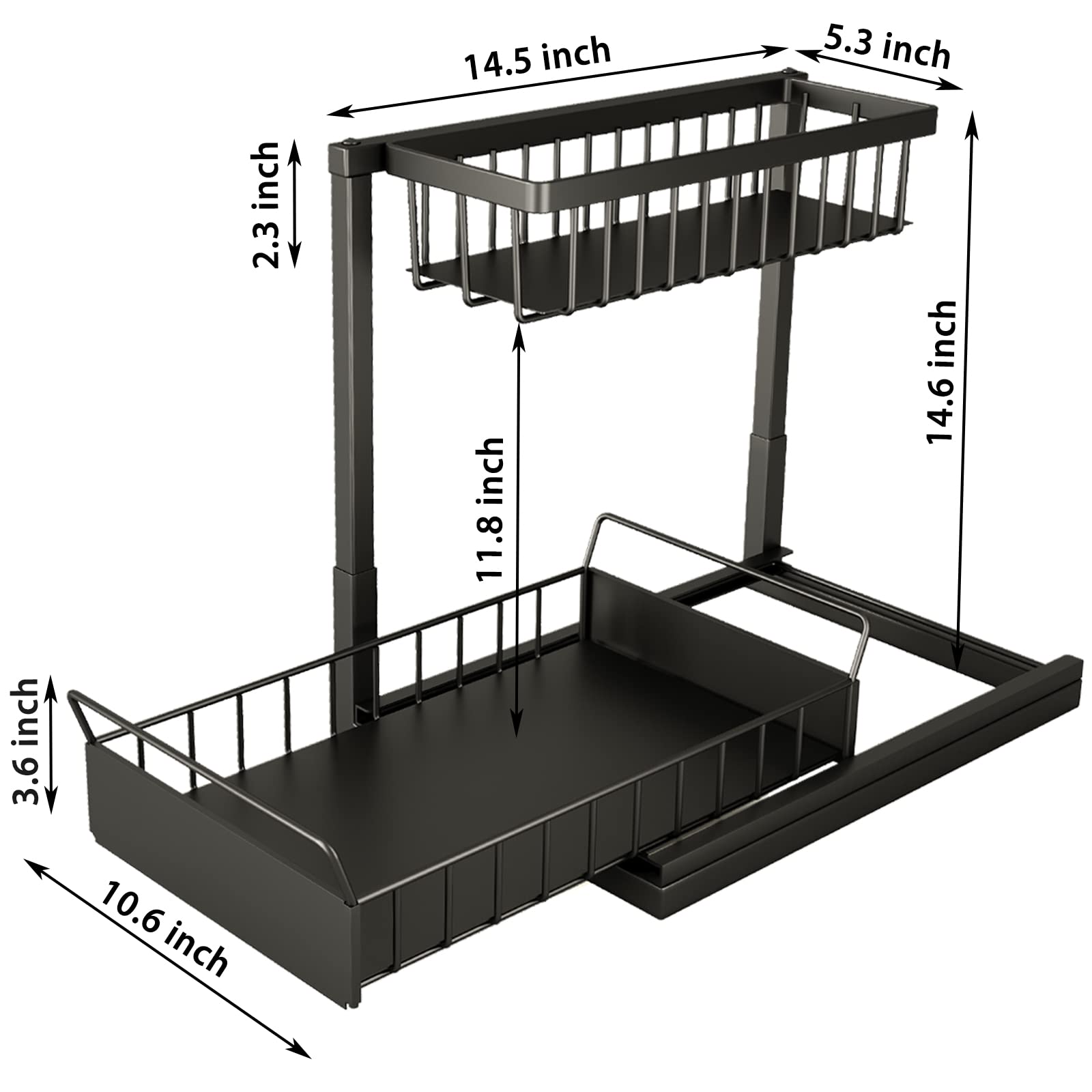 ADRIMER Under Sink Organizer, Pull Out Kitchen Sink Organizer, 2 Tier Slide Out Kitchen Organizers and Storage Metal Under Cabinet Storage Shelf, Black