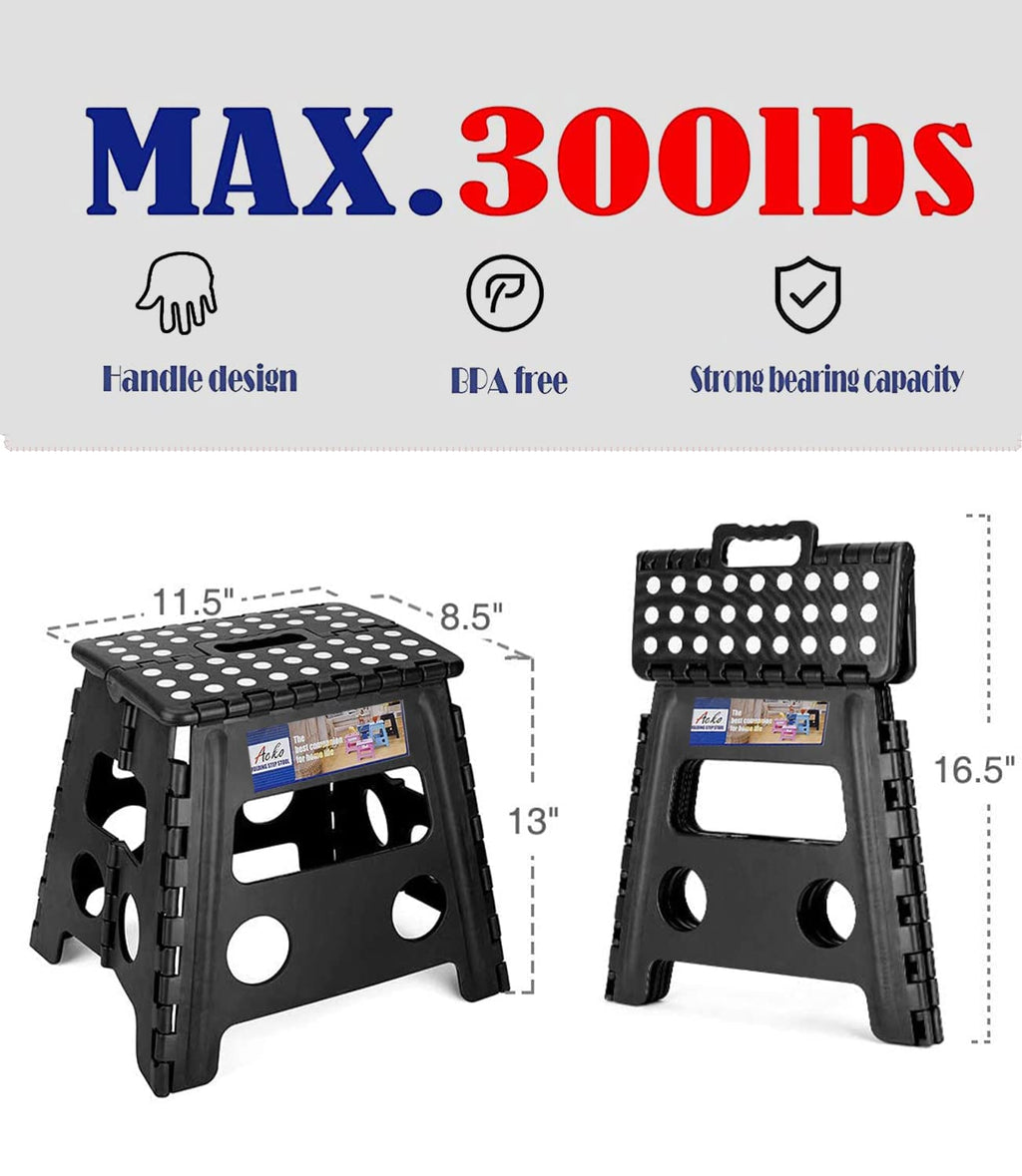 Acko Folding Step Stool 13 inch Heavy Duty Plastic Foldable Step Stool for Adults and Kids, Premium Black Step Stool Toddler, Small Collapsible Fold Up Stepping Stool Kitchen Bathroom Step Stool