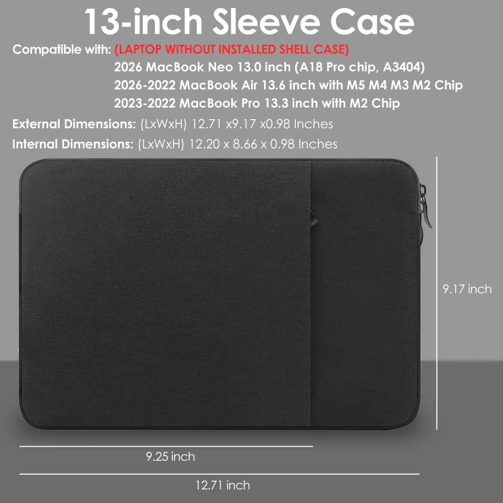ProElife 13-Inch Laptop Sleeve Case for 2026-2022 MacBook Air 13.6 inch M5 M4 M3 Chip & MacBook Neo 13'' A18 Pro, Pro 13'' M2 Chip Accessory Traveling Carrying Canvas Bag Cover Simple Case (Black)