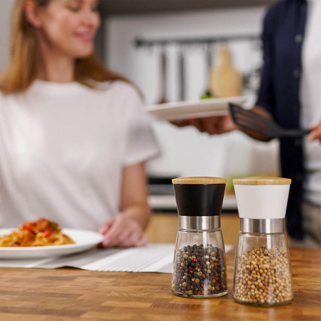 Vucchini Manual Salt and Pepper Grinder Set Bamboo Lid - Adjustable Coarse Salt and Pepper Mills - Refillable Ceramic Burr Kitchen Gift Salt Pepper Shakers Black&White