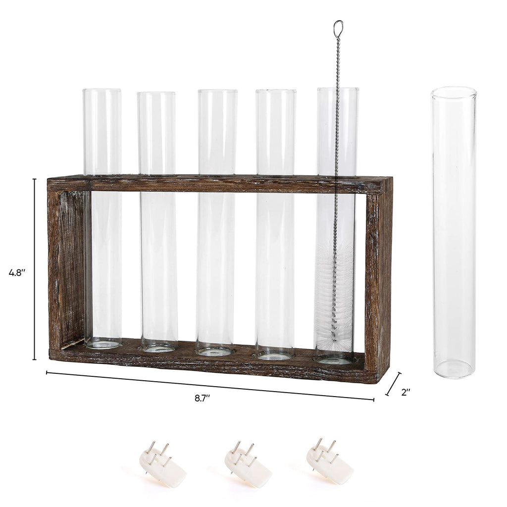 Jucoan Glass Planter Propagation Station, Wall Hanging Plant Terrarium with Wooden Stand, Glass Test Tube Flowers Bud Vase for Hydroponic Plants, Home Office Decor (5 Test Tubes &1 Brush)