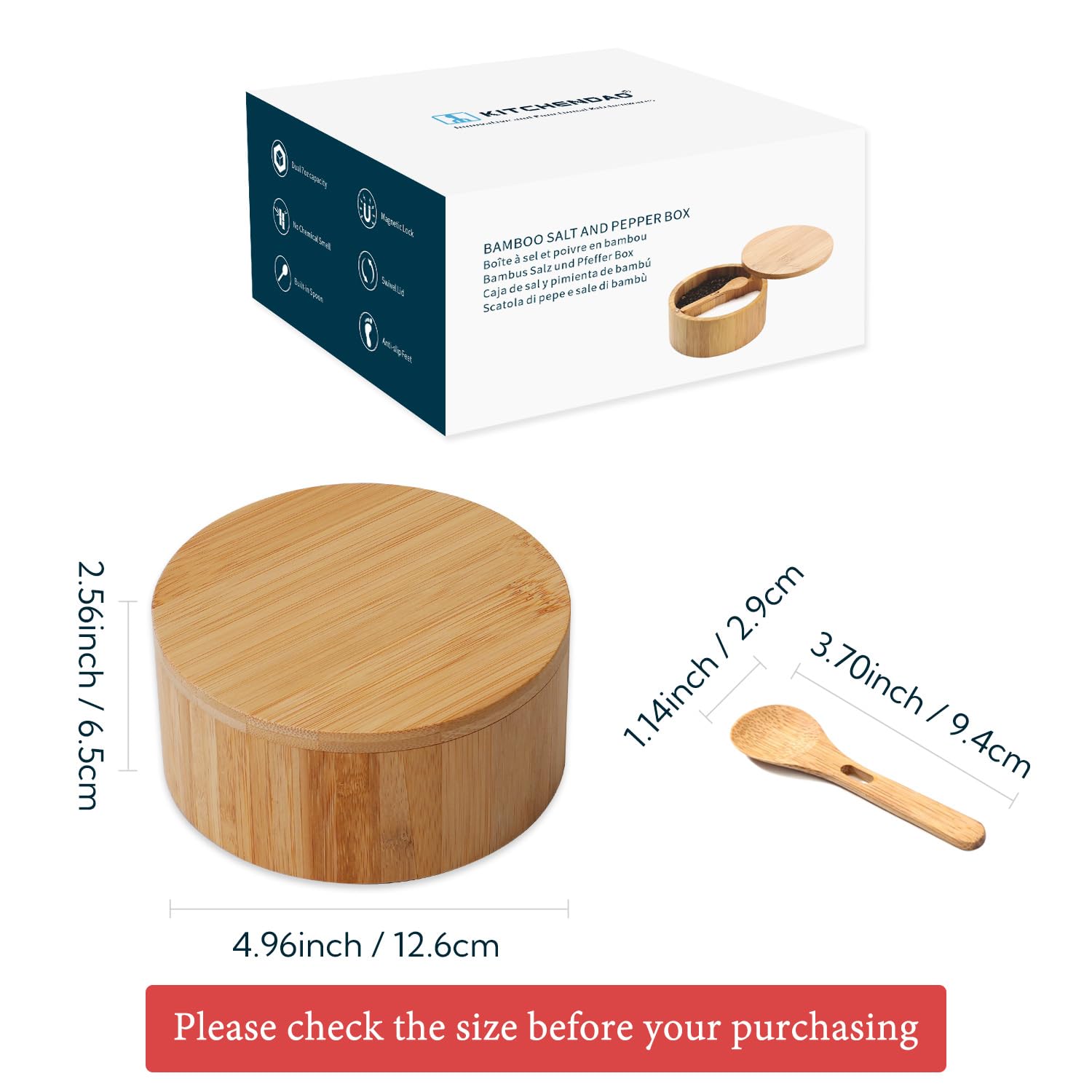 KITCHENDAO Salt and Pepper Box - Dual 7oz Containers, Built-in Serving Spoon to Avoid Dust, Swivel Lid to Keep Dry, Sea Salt Spice Seasoning Keeper Holder,4.96"L x 2.56"H"