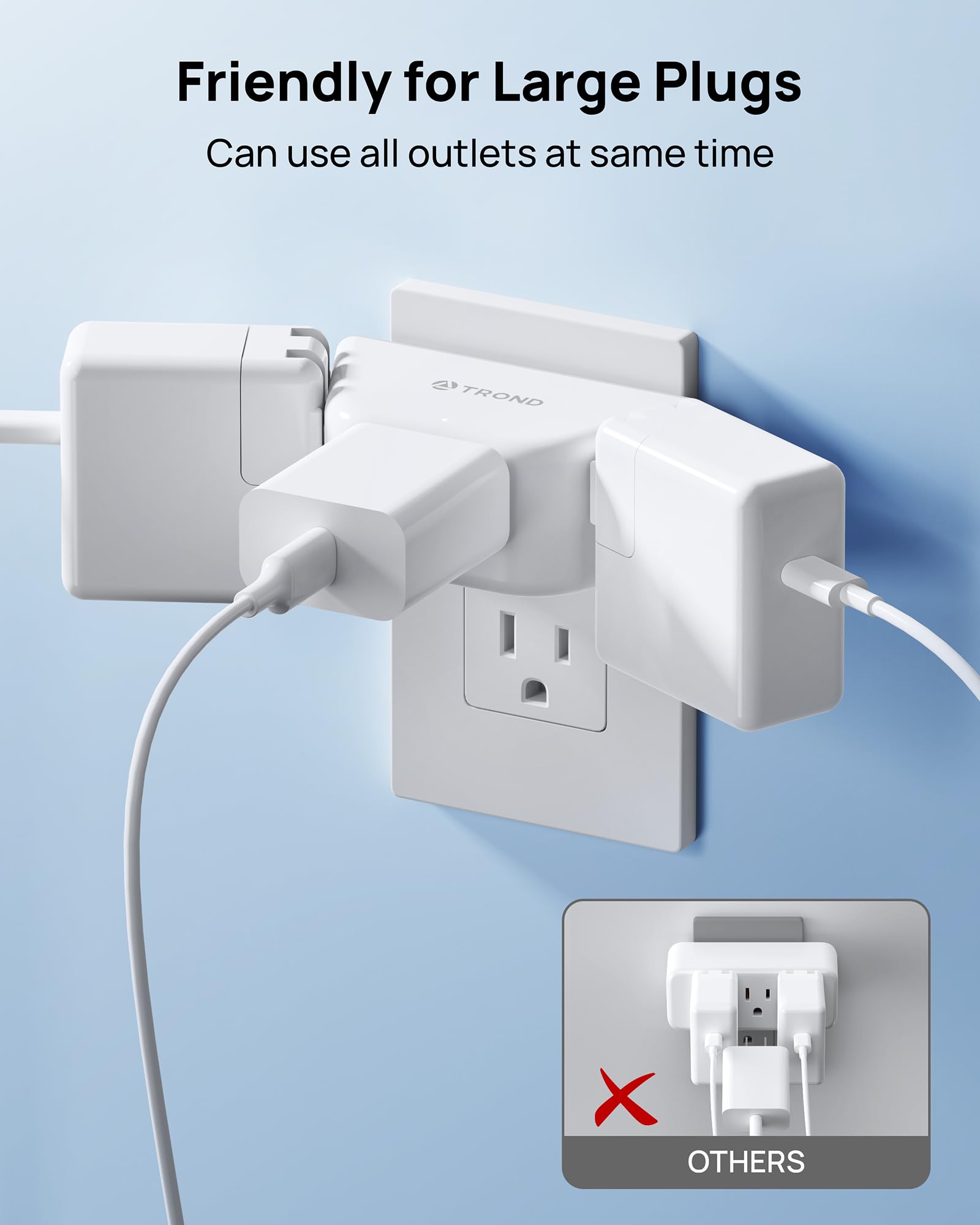 TROND 2 Pack Multi Plug Outlet Extender, 3 Way Angled Outlet Splitter, Cruise Ship Travel Essentials, Power Mutiplug Expander, Small Multiple Wall Plug for Home Office Dorm Room Accessories, White