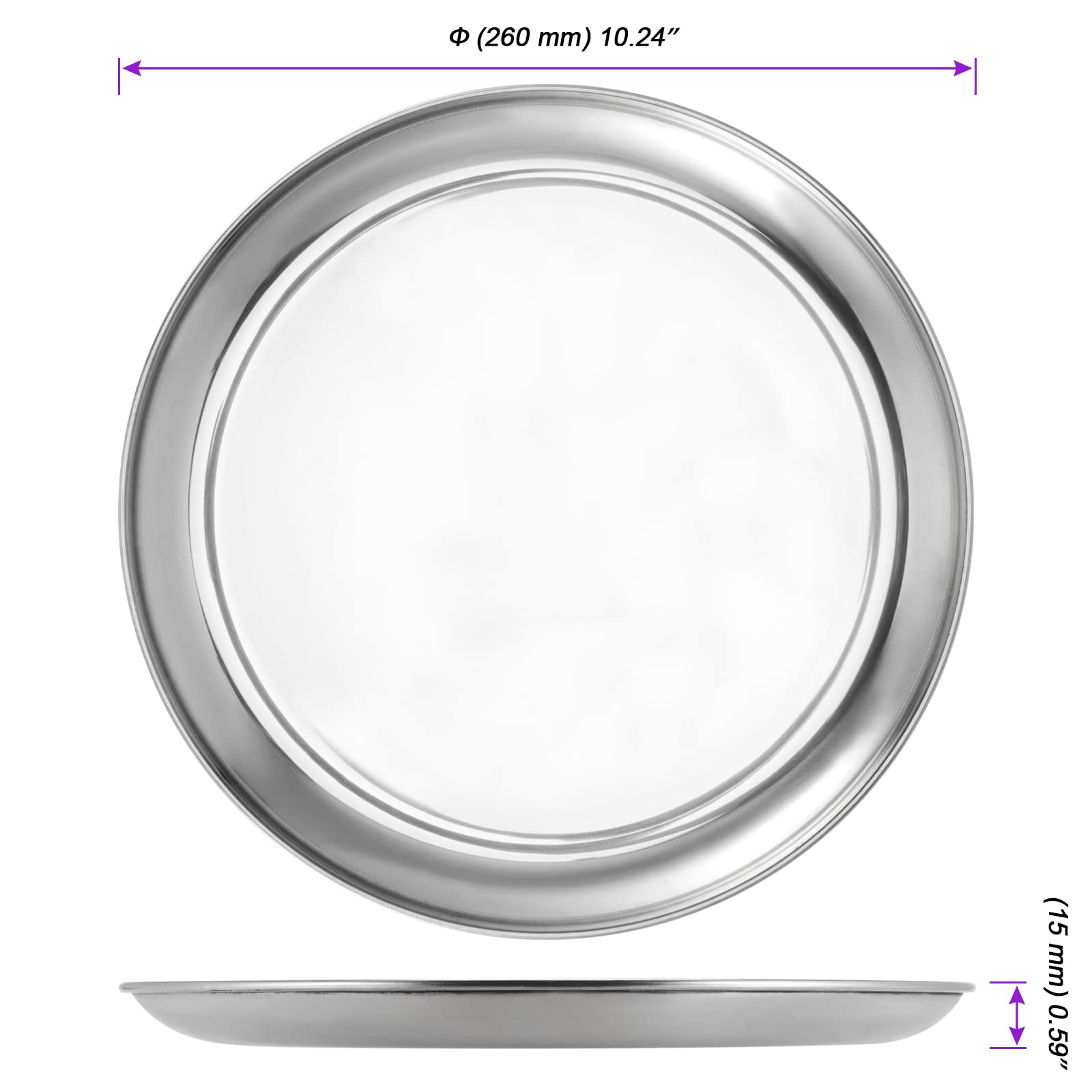 JOIKIT 4 Pack 10 Inch Silver Stainless Steel Plate, Round Metal Dinner Plates, Kitchenware Dinner Dishes Serving Tray Large Camping Plates for BBQ, Snack, Food Serving, Dishwasher Safe
