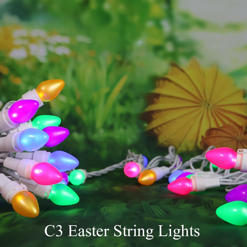 Easter String Lights LED Multi Color Glass C3 Lights 13.5FT Easter Pastel Light 120V ETL Certified Connectable Outdoor String Light White Wire for Party Patio Home Easter Décor
