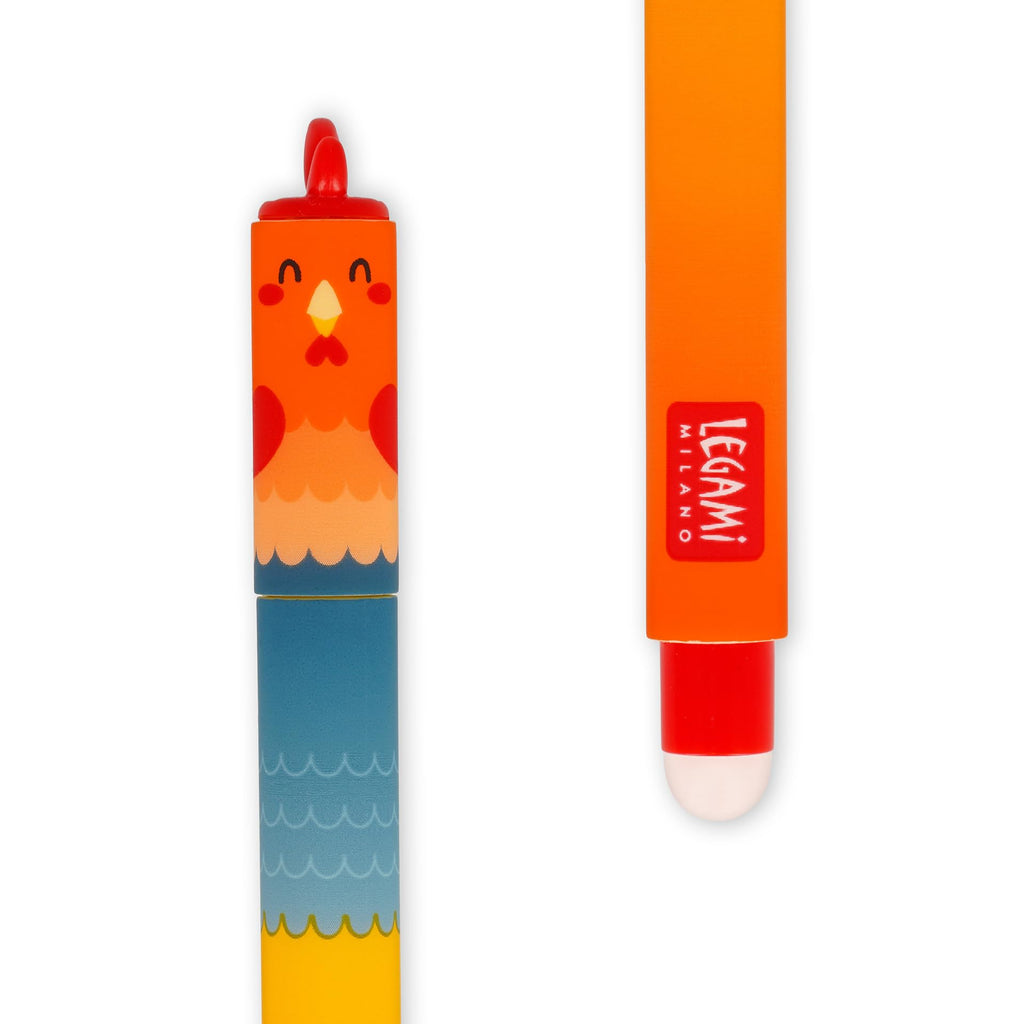 Legami - Set of 4 Farm Sweet Farm Erasable Gel Pens, Pens with Thermosensitive Erasable Ink, Black, Pink, Green, Red, Erases Without Consuming the Sheet, 0.7 mm Tip