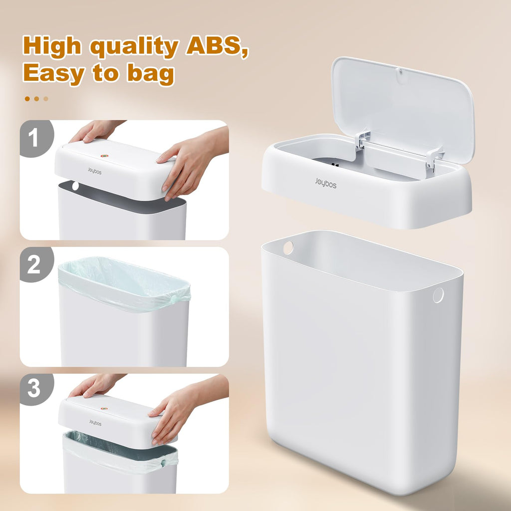 JOYBOS 2 Pack Bathroom Trash Can with Lid, 3 Gal/12 L & 2.7 Gal/10L Garbage Can with Pop-Up Lid,Small Spaces Plastic Trash Can, Slim Trash Bin Waste Basket for Bathroom,Rv, Office, White