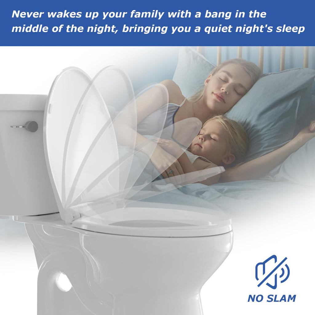 Round Toilet Seat, Standard 16.5” Slow/Soft Close Round Toilet Seat for Round Toilets, No-Slam Quiet-Close Lid, Easy-to-Install, White, Durable Never-Loosen Design