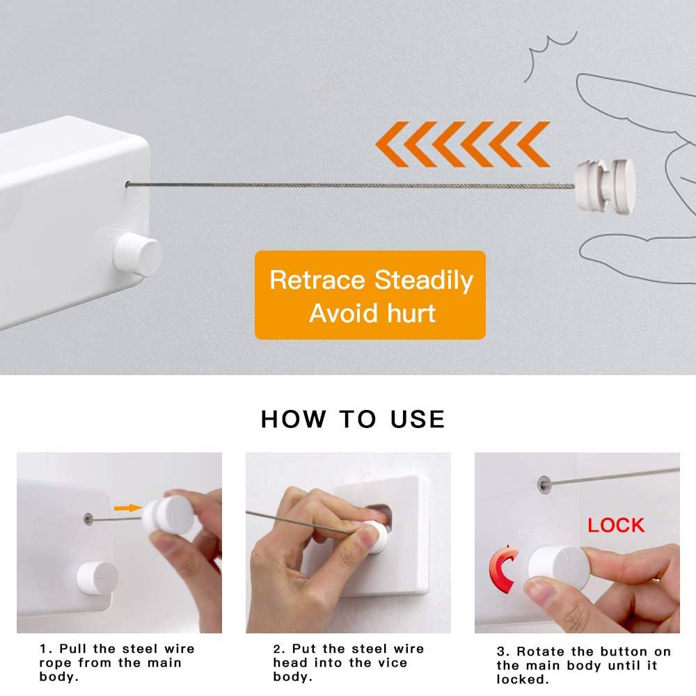 Retractable Clothesline |Indoor Outdoor Clothes Line | Heavy Duty Clothes Drying Laundry Line | Wall Mounted Drying Rack Clothing Line | Retracting Hanging | Lock to Prevent Sagging
