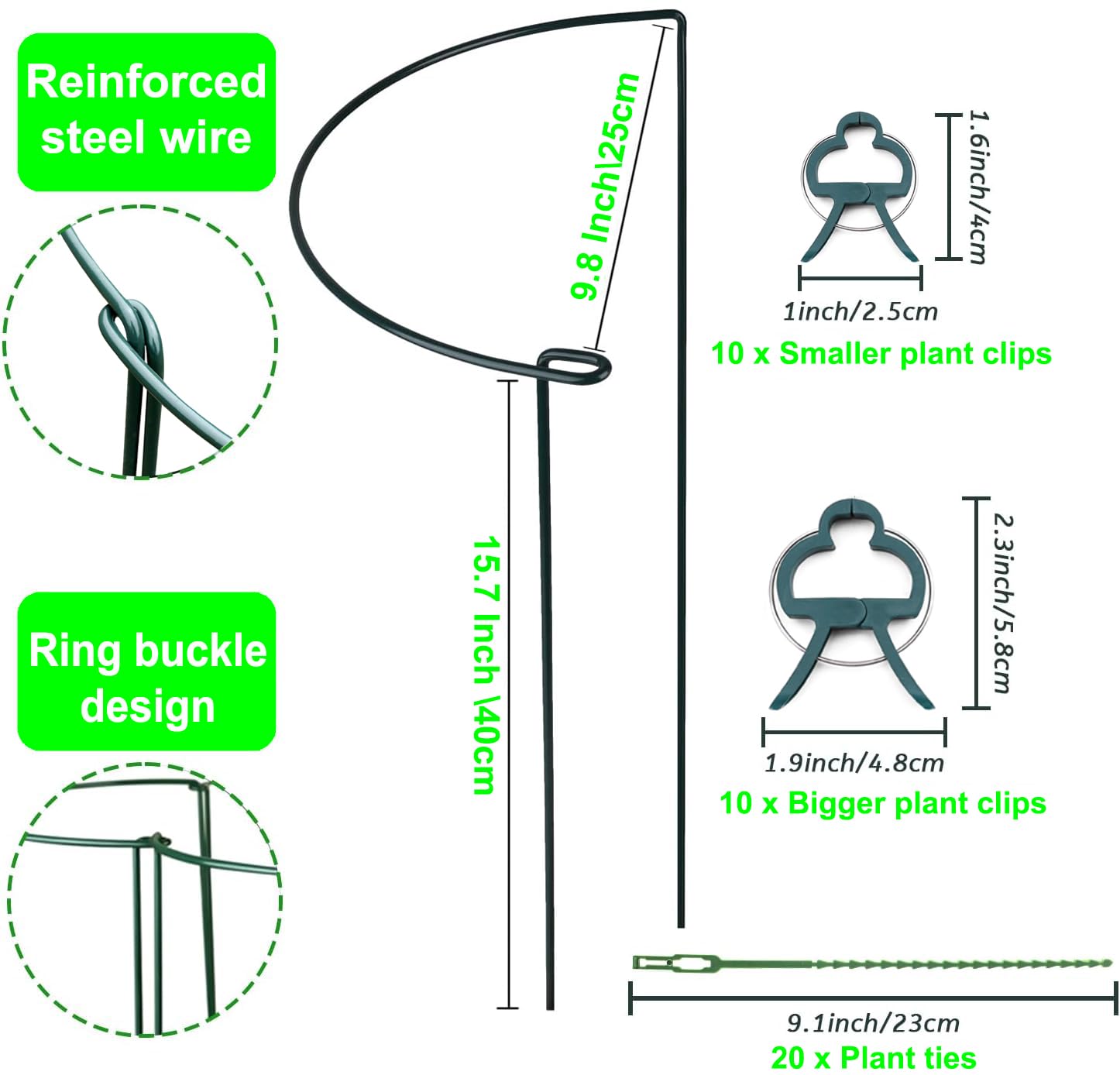 Plant Support Stake, 8 Pack Green Half Round Plant Support Ring Metal Garden Stem Support Stake with 20 Pcs Plant Clips & Plant Ties for Potted Plants Tomato Vegetable Flowers (9.8“W x 15.7”H)